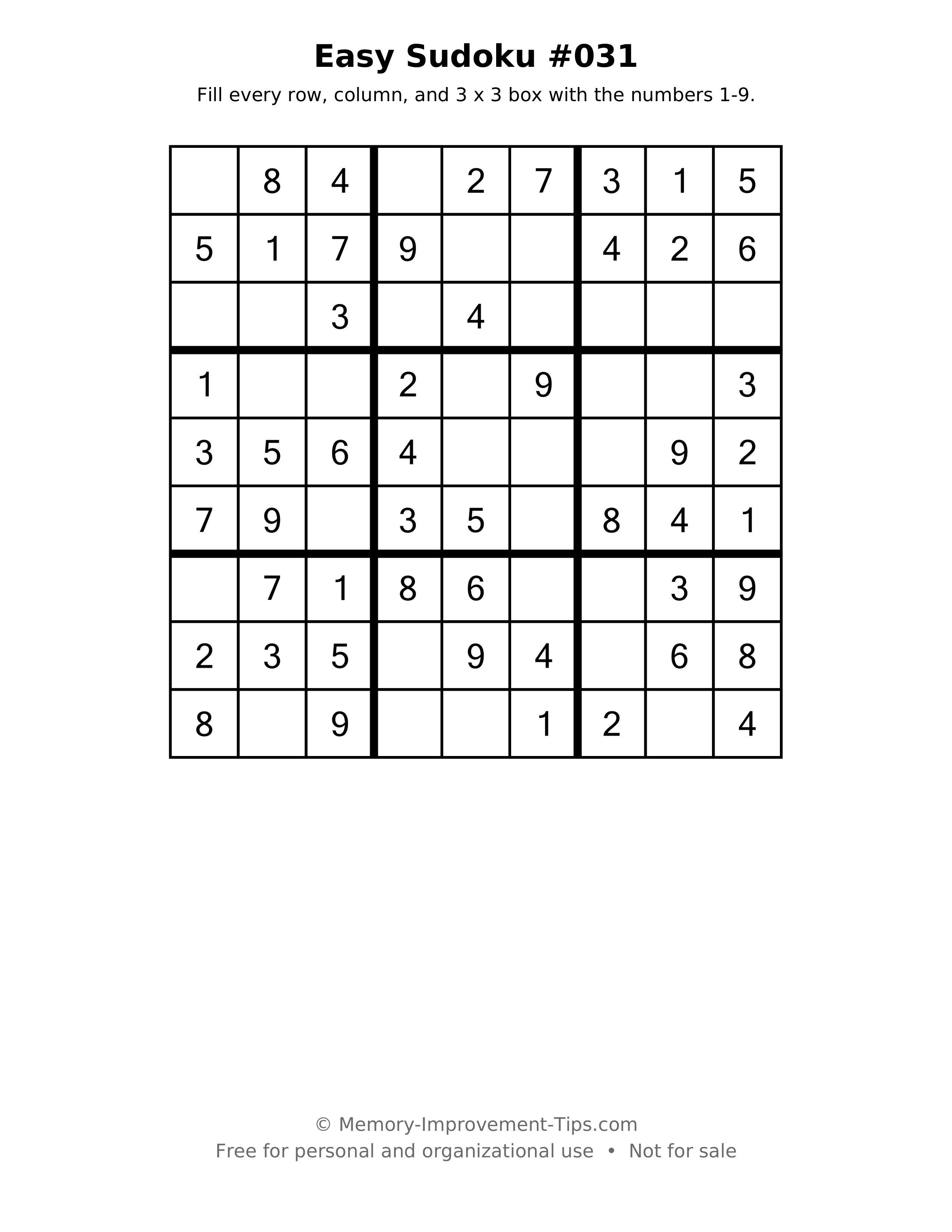 Printable puzzle: Easy Sudoku #031