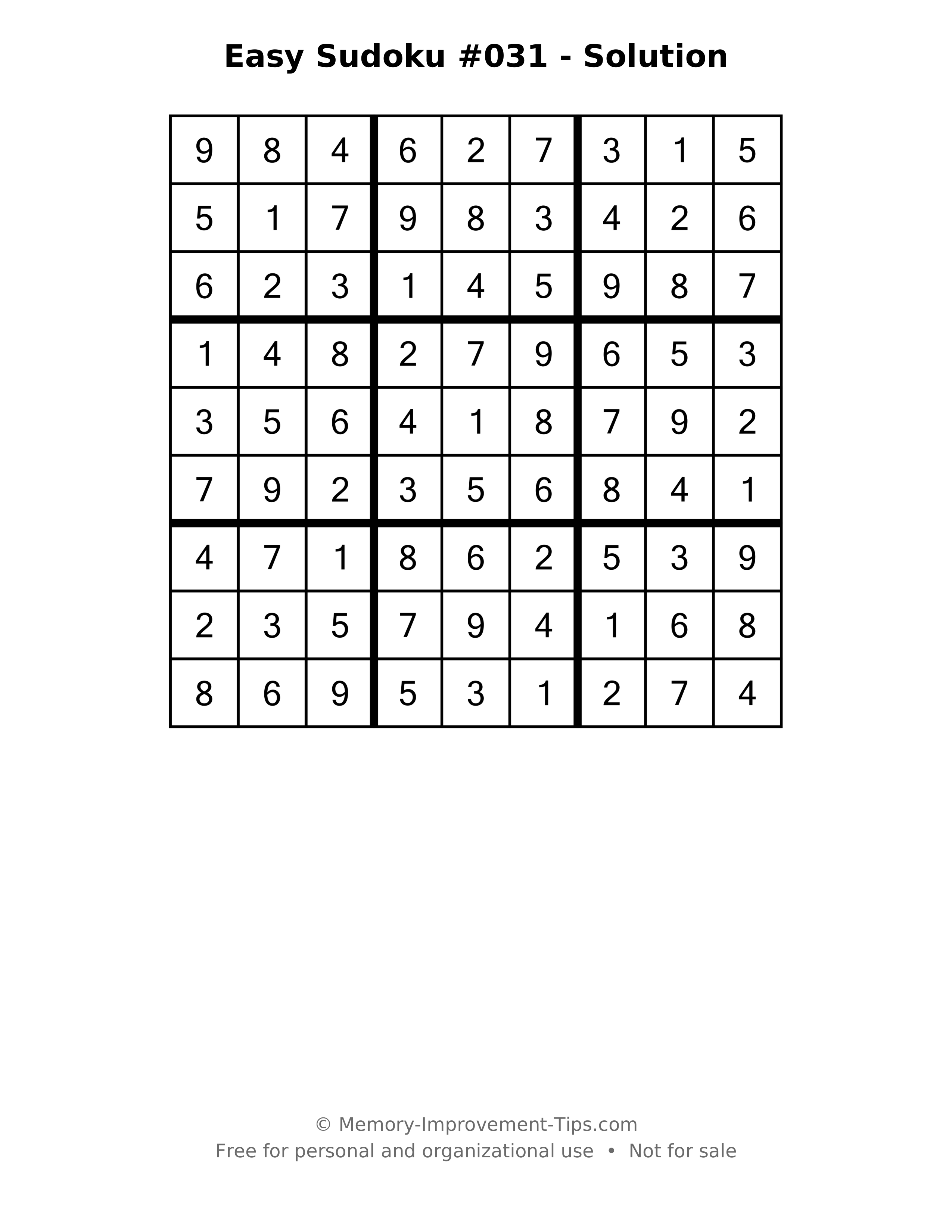 Printable solution: Easy Sudoku #031 - Solution