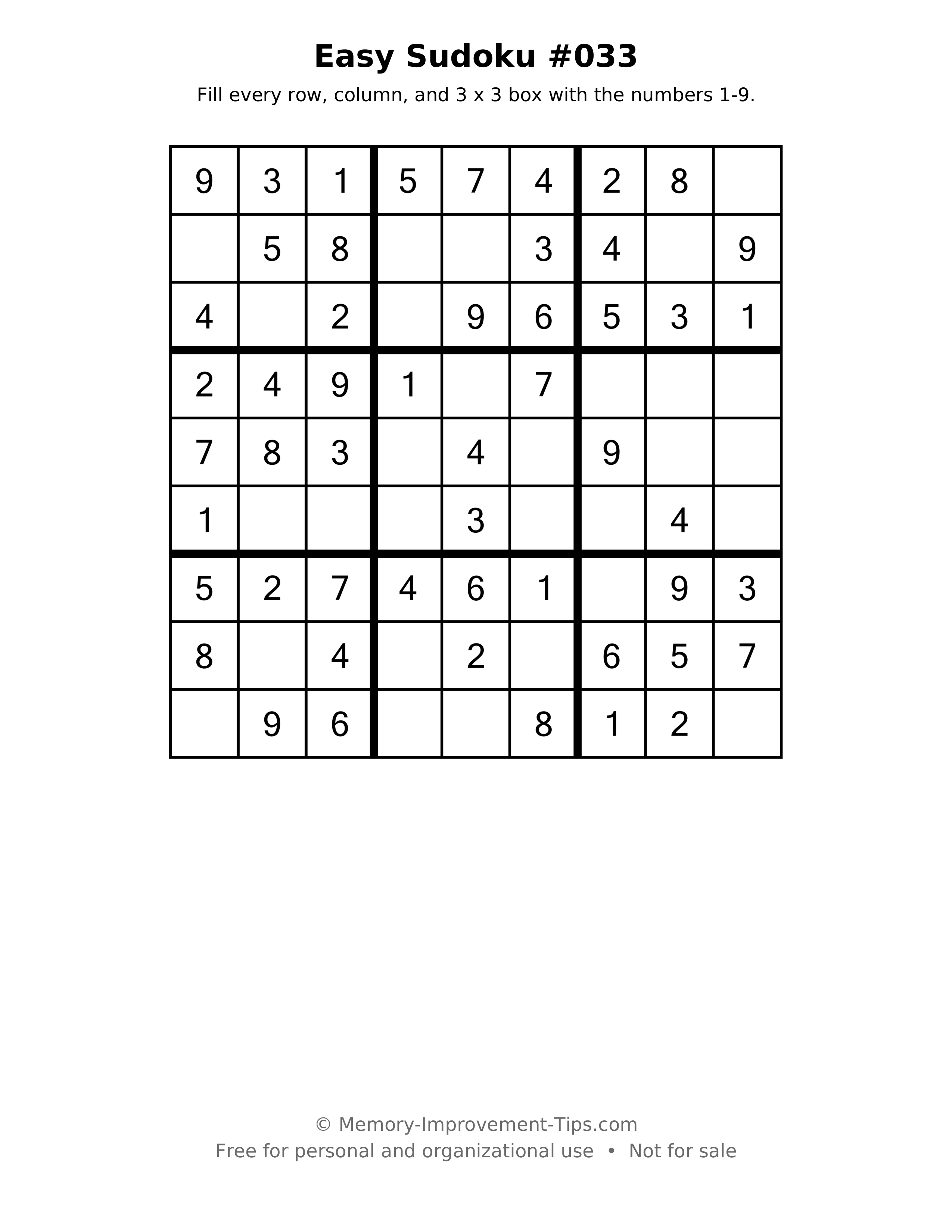 Printable puzzle: Easy Sudoku #033