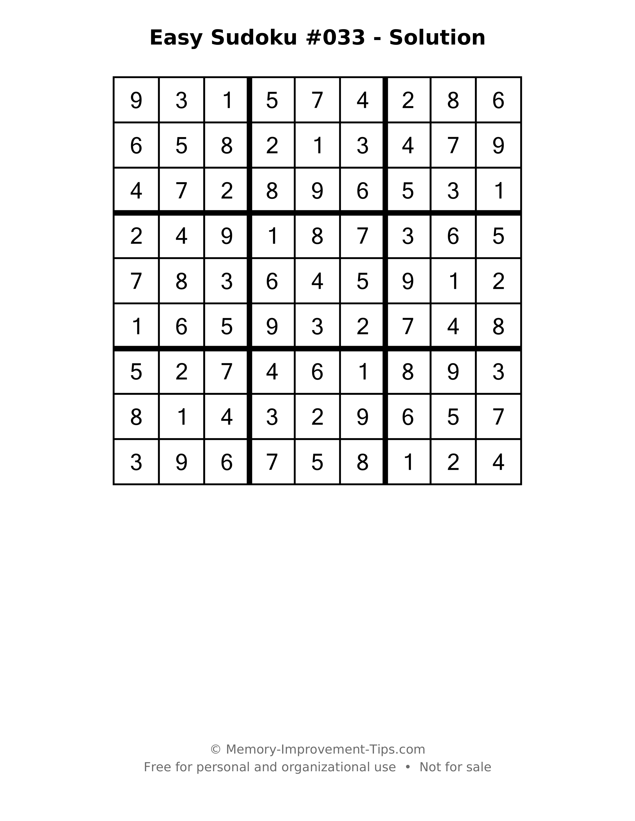 Printable solution: Easy Sudoku #033 - Solution