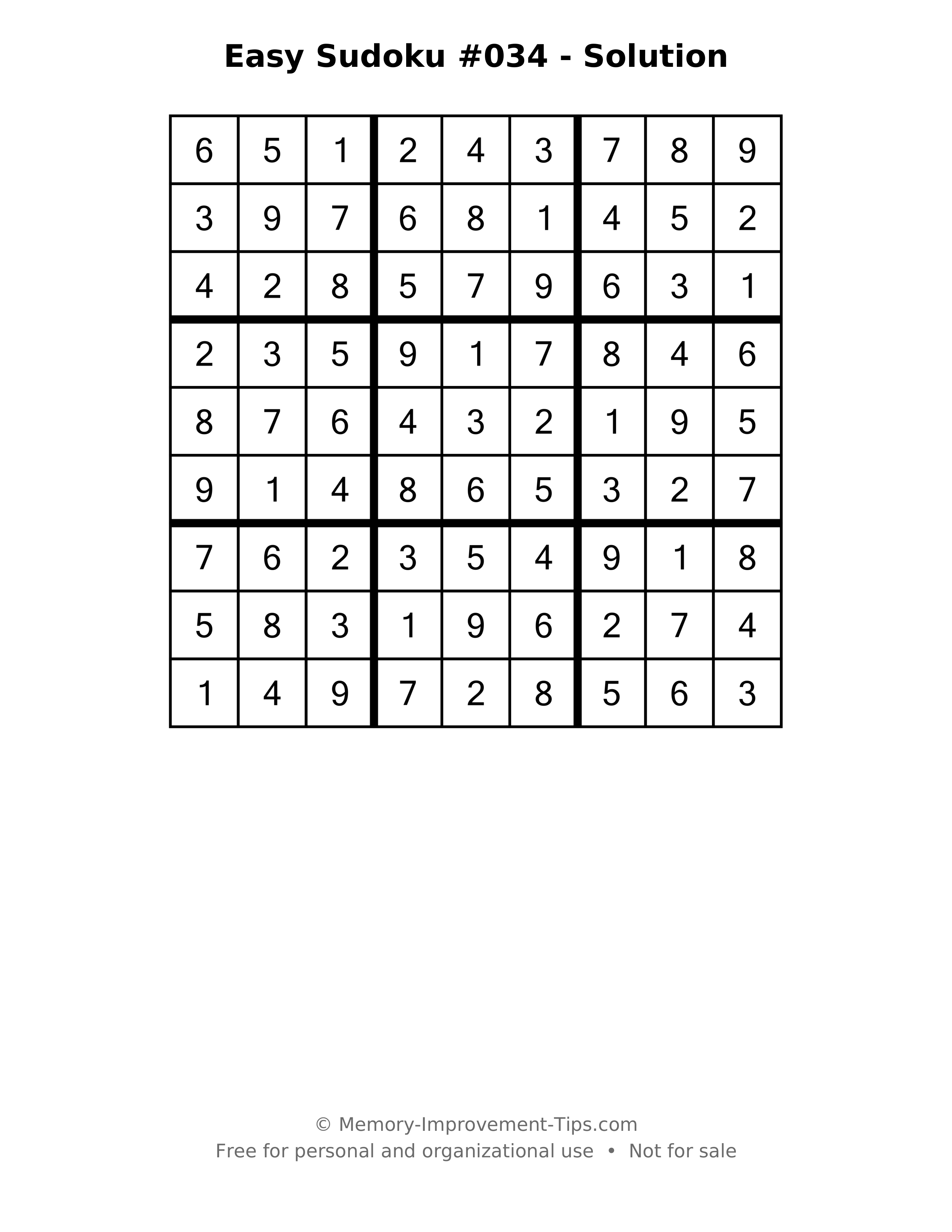 Printable solution: Easy Sudoku #034 - Solution