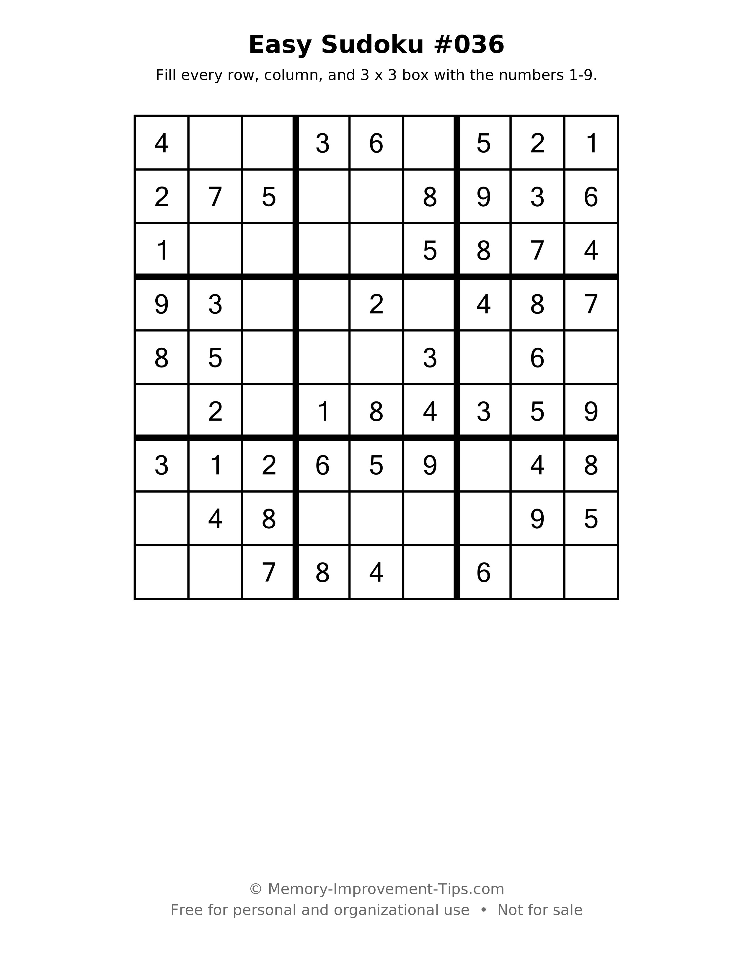 Printable puzzle: Easy Sudoku #036