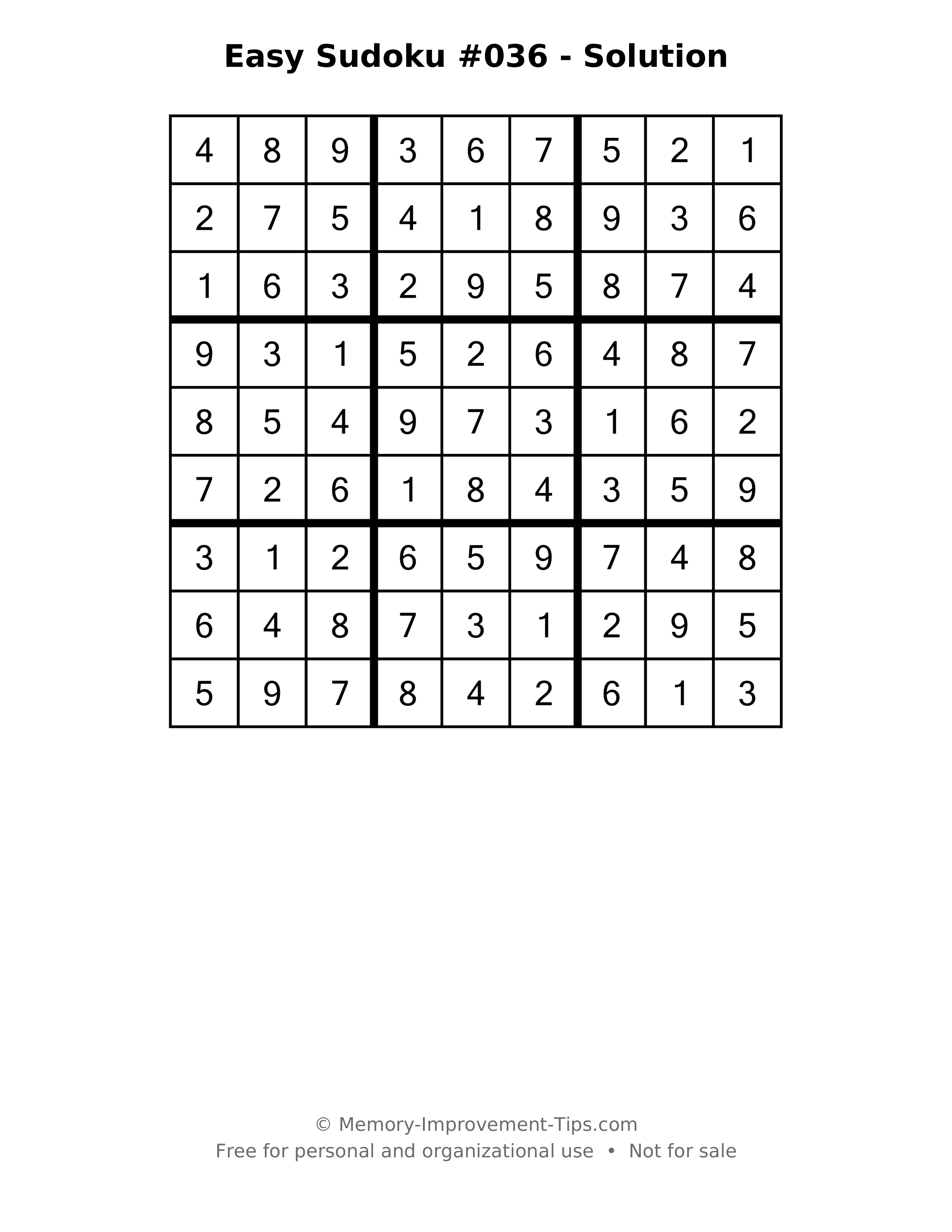 Printable solution: Easy Sudoku #036 - Solution