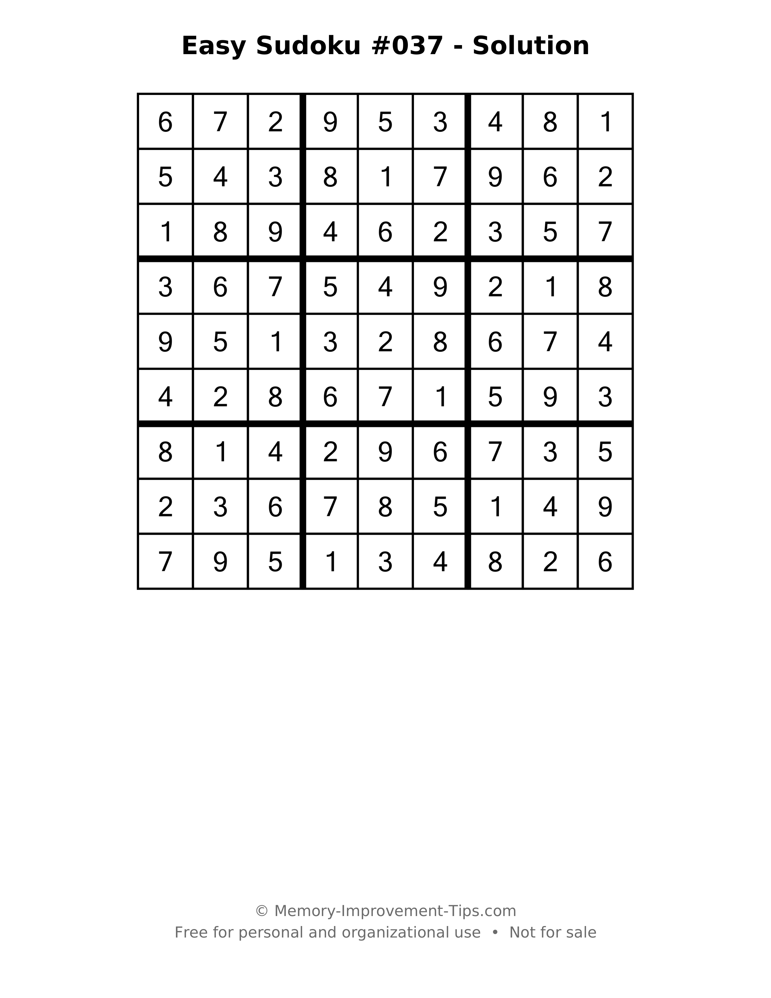 Printable solution: Easy Sudoku #037 - Solution