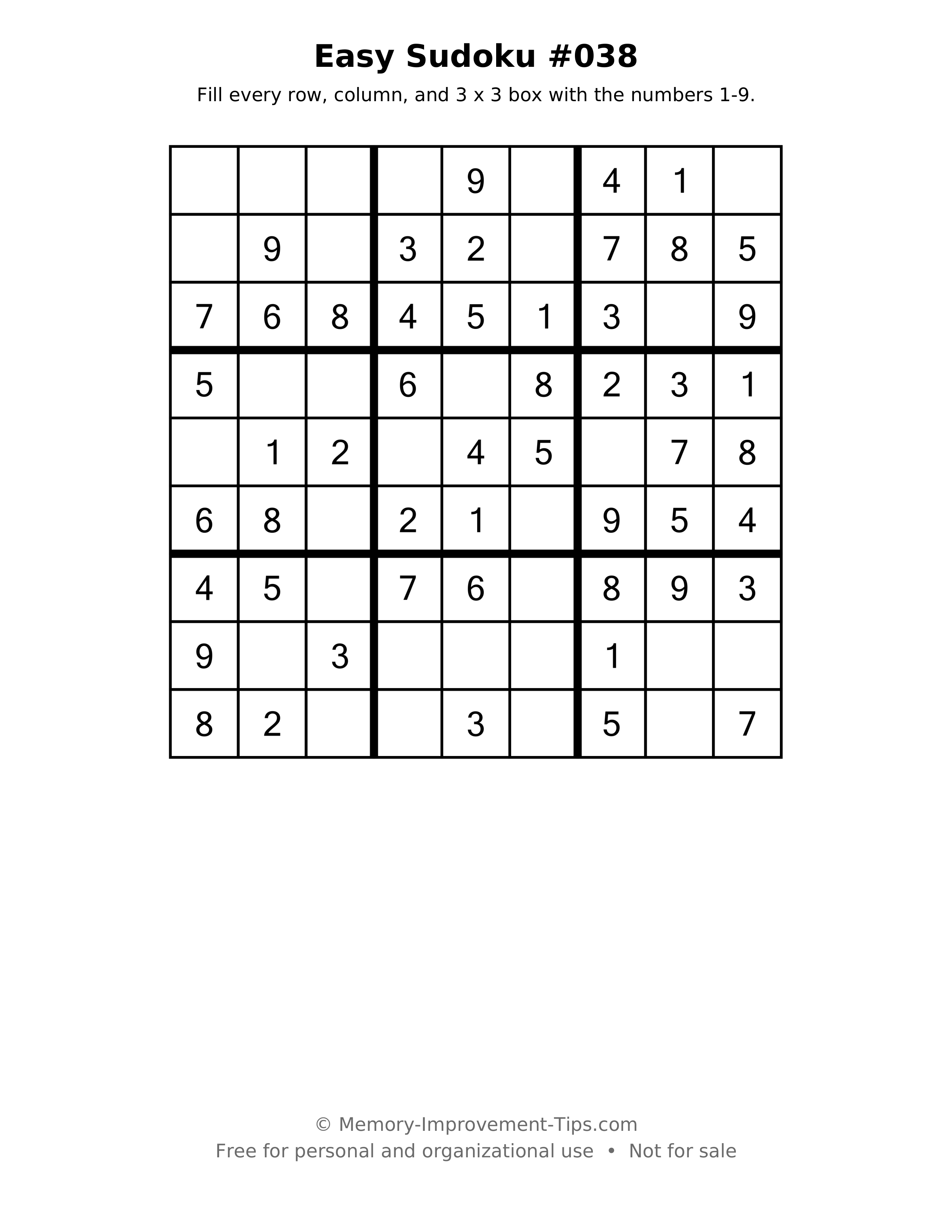 Printable puzzle: Easy Sudoku #038