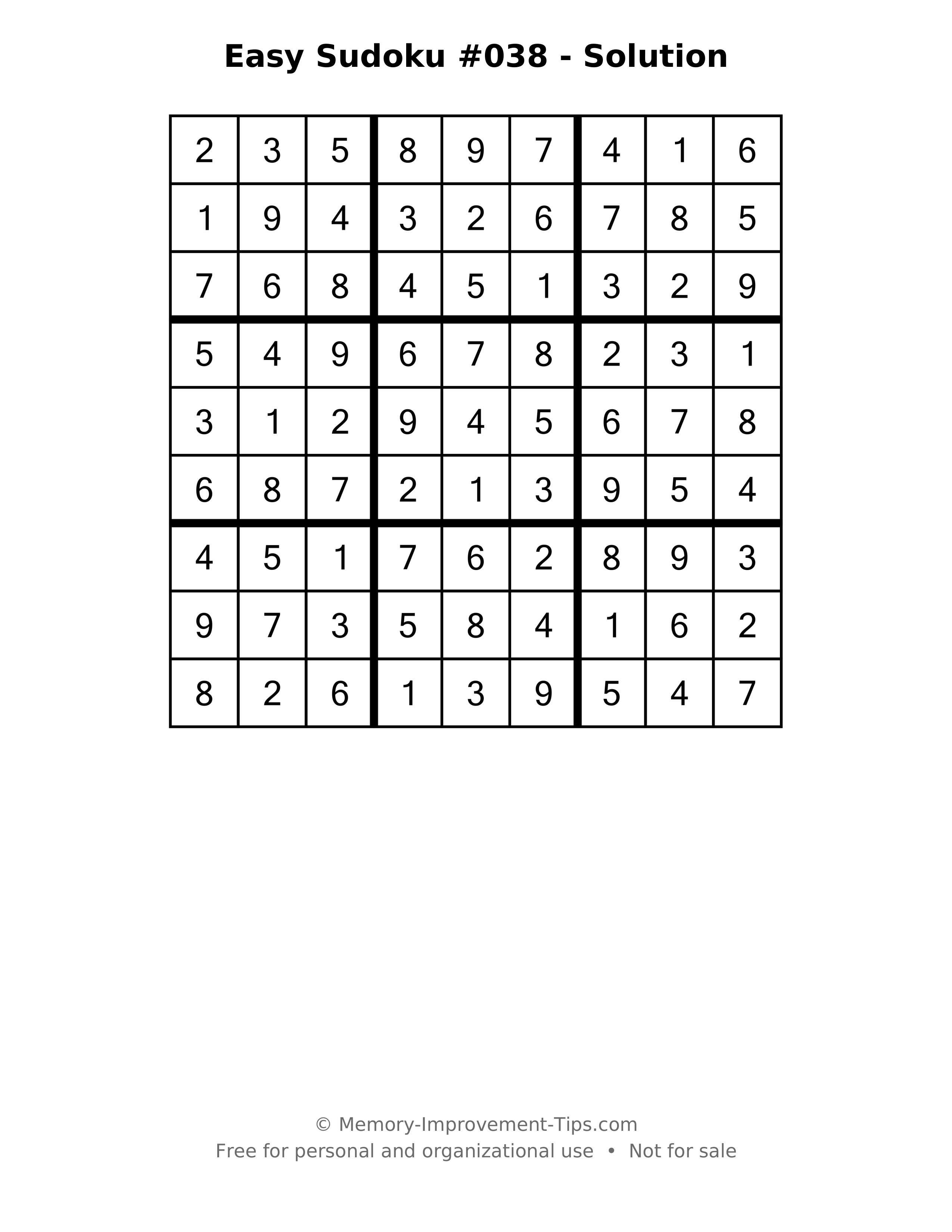 Printable solution: Easy Sudoku #038 - Solution