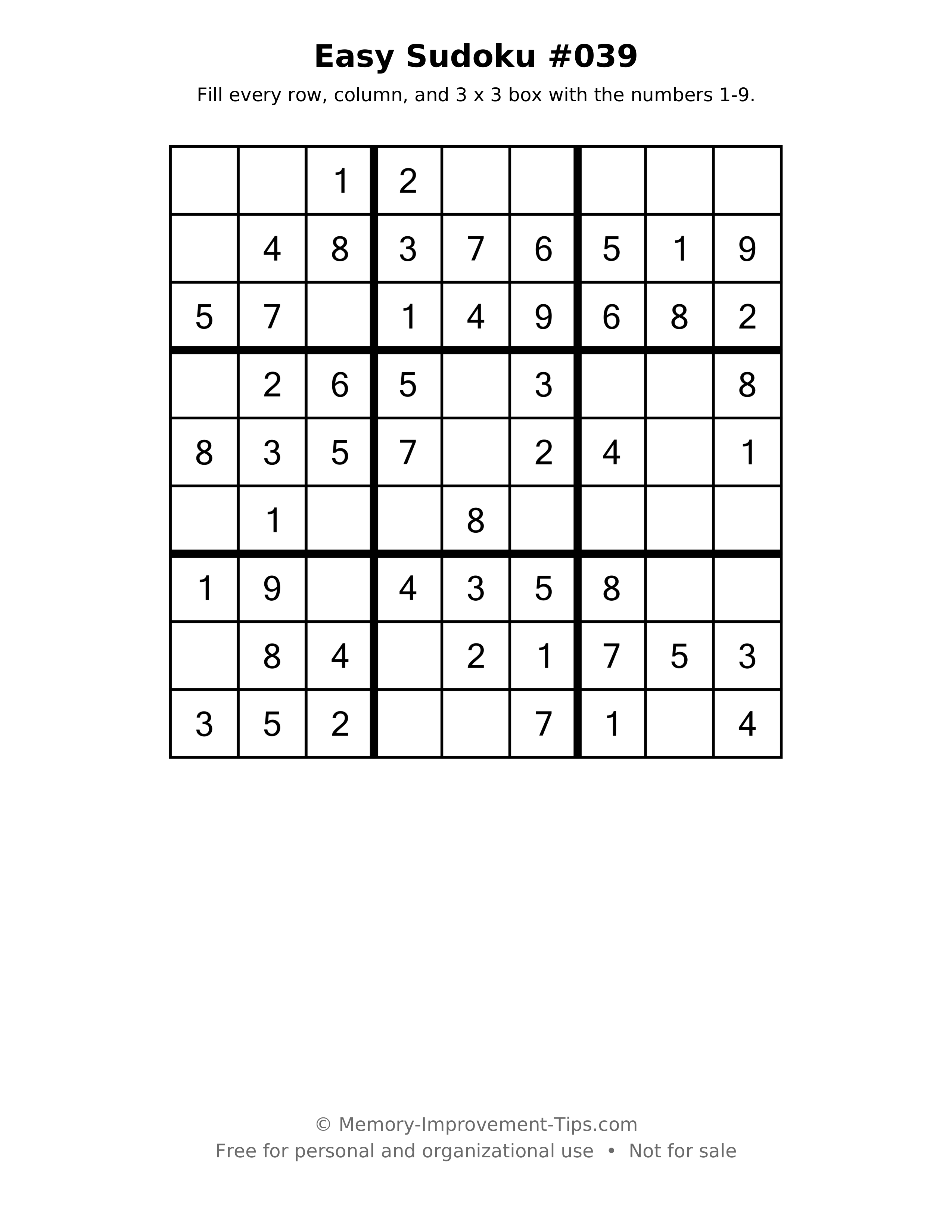 Printable puzzle: Easy Sudoku #039