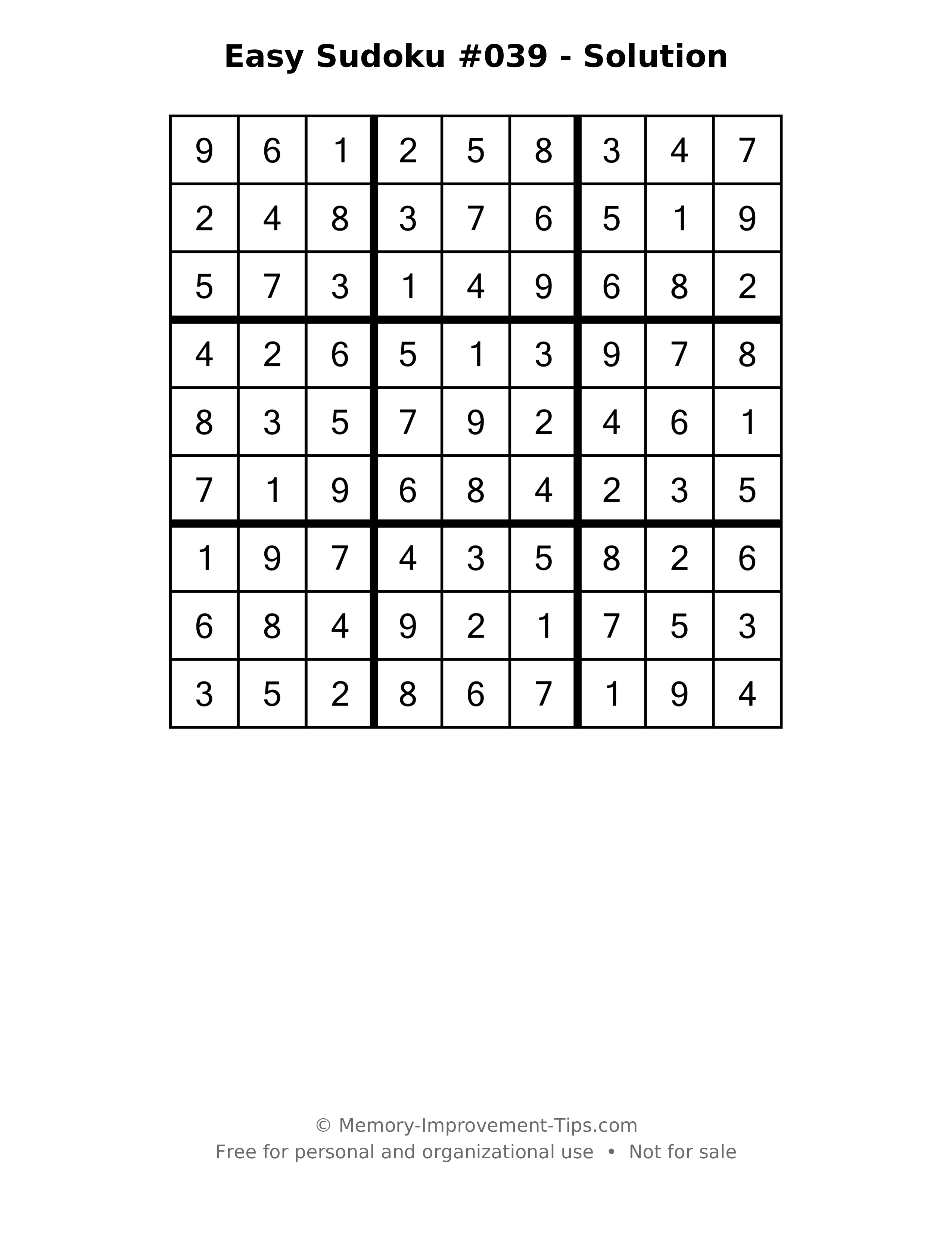 Printable solution: Easy Sudoku #039 - Solution