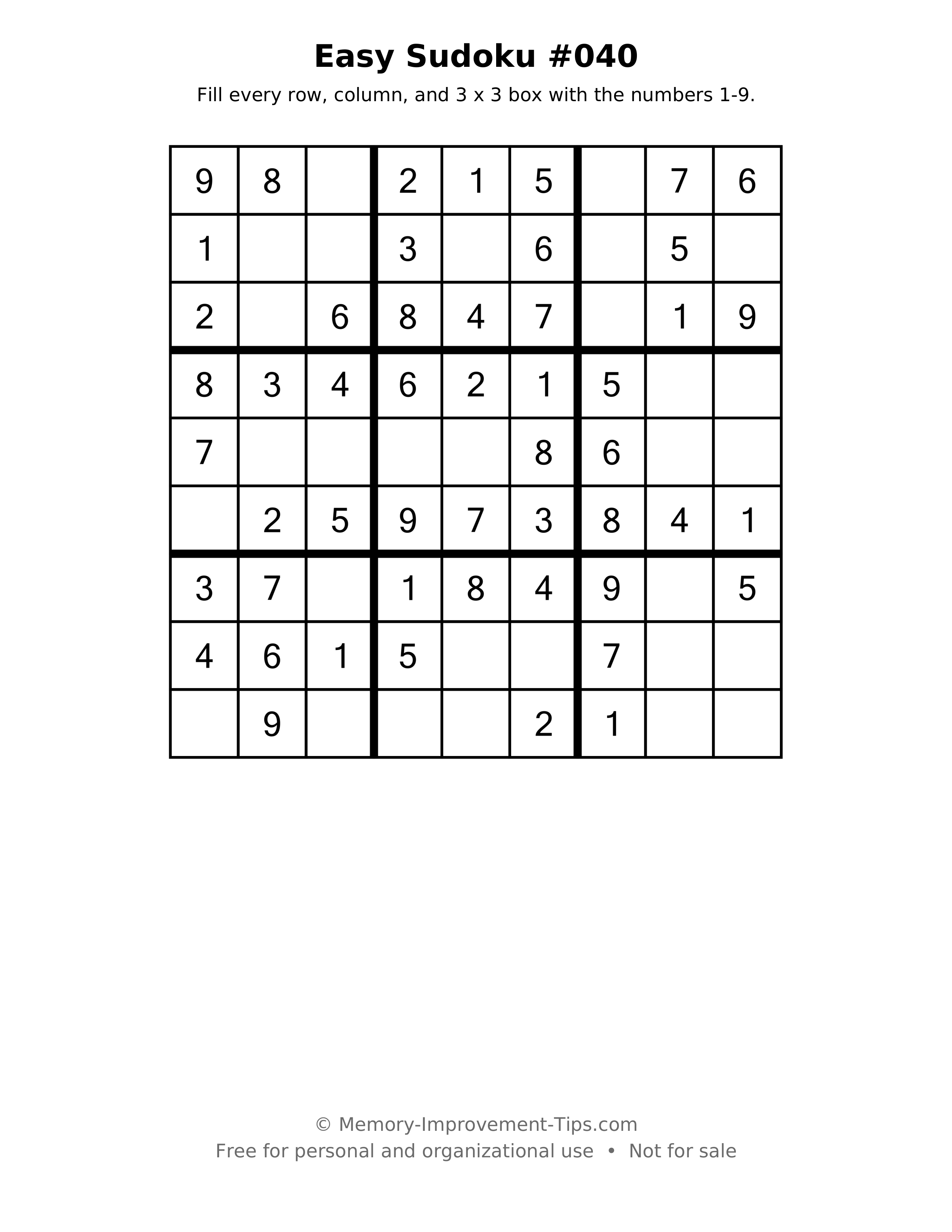 Printable puzzle: Easy Sudoku #040