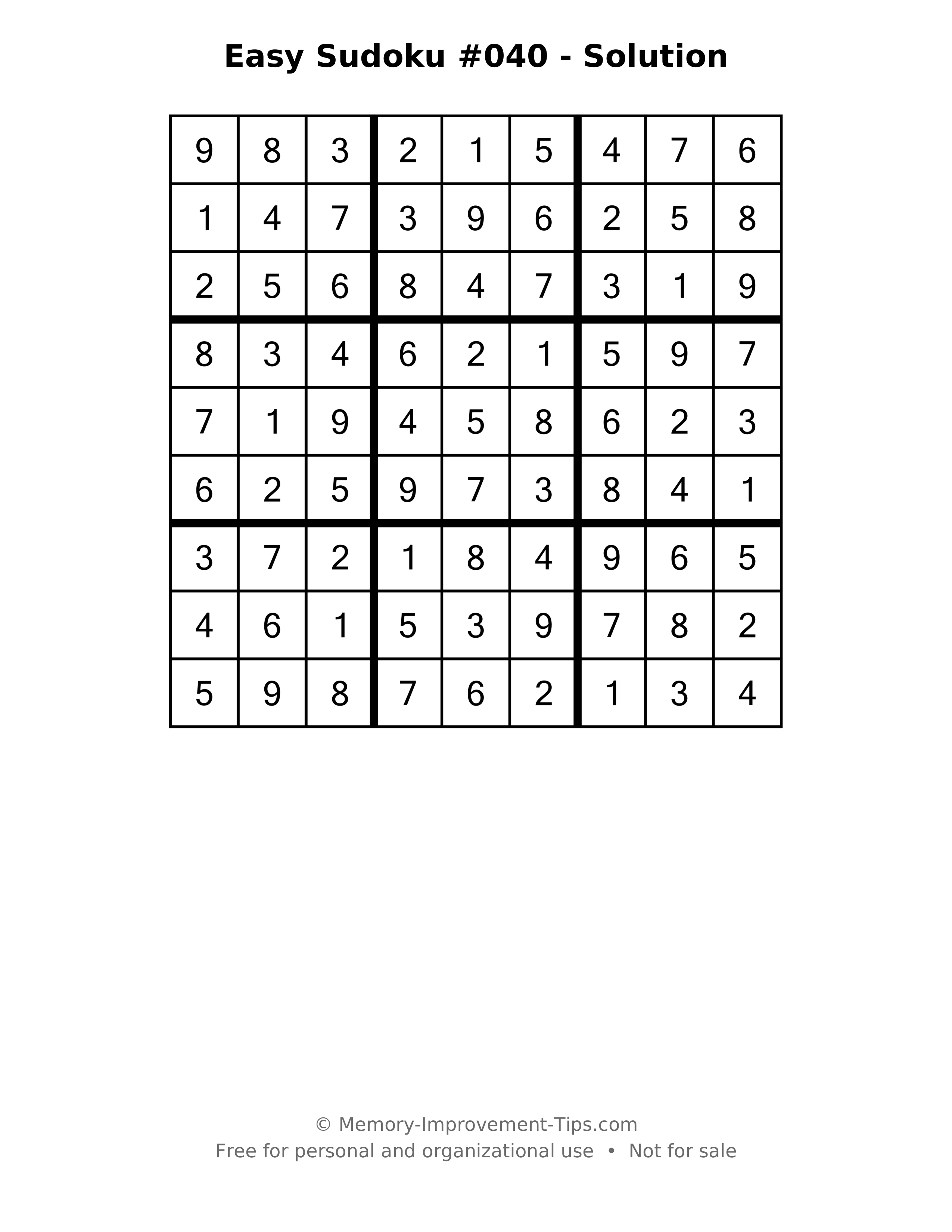 Printable solution: Easy Sudoku #040 - Solution