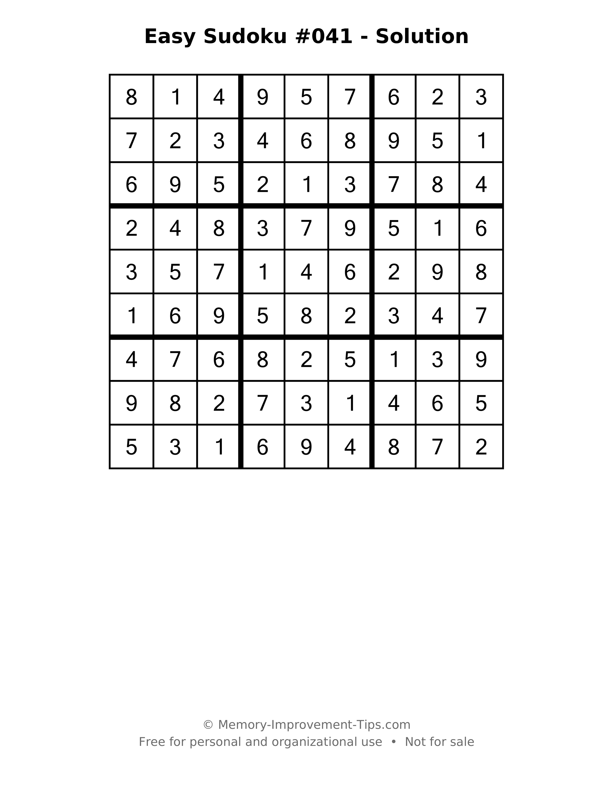 Printable solution: Easy Sudoku #041 - Solution