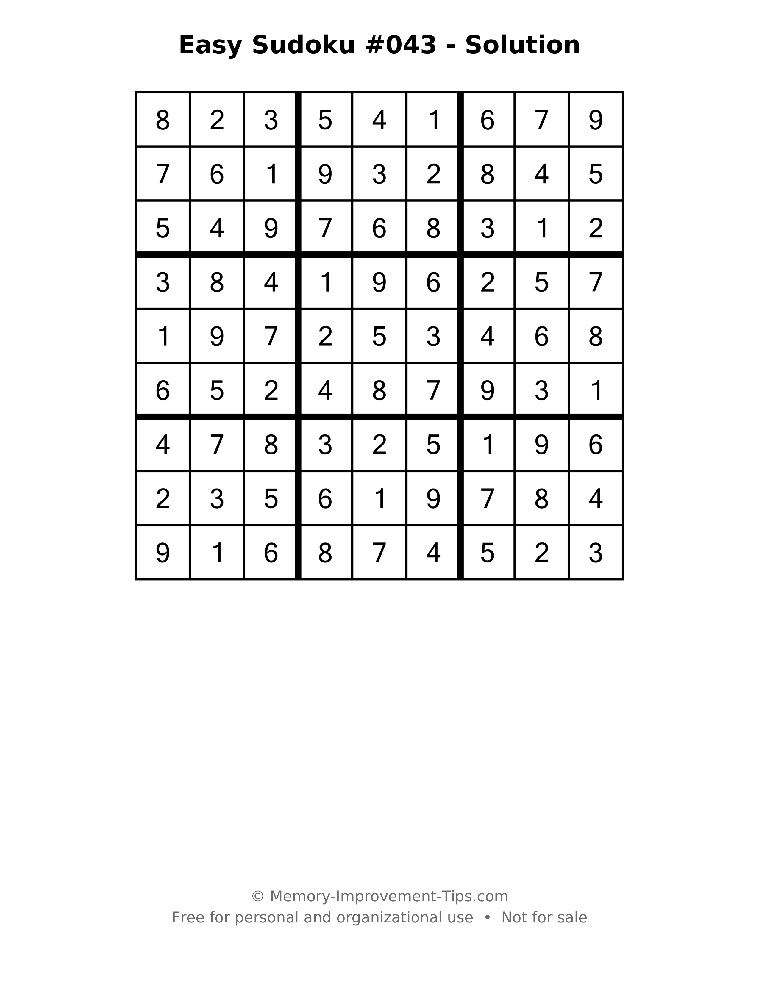 Printable solution: Easy Sudoku #043 - Solution