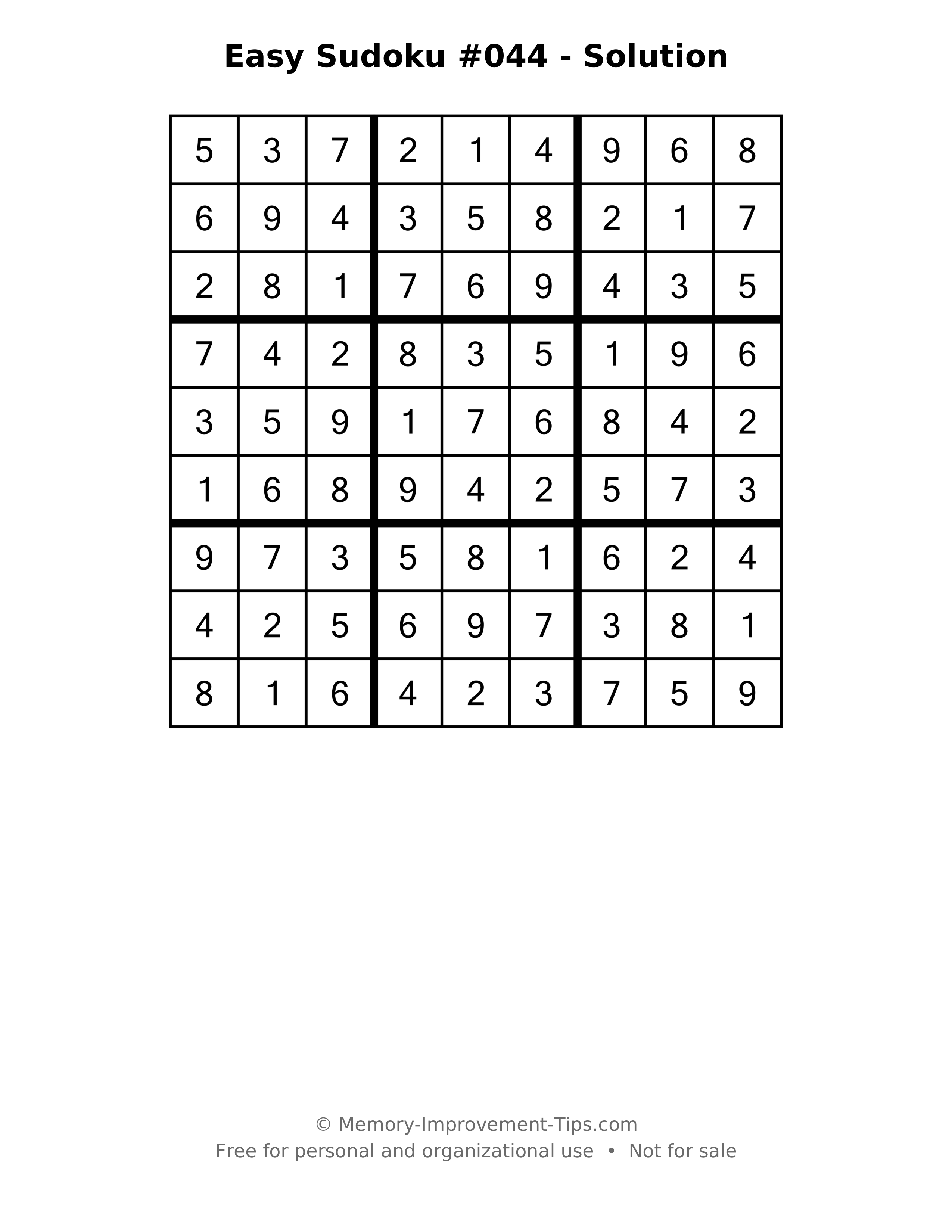 Printable solution: Easy Sudoku #044 - Solution