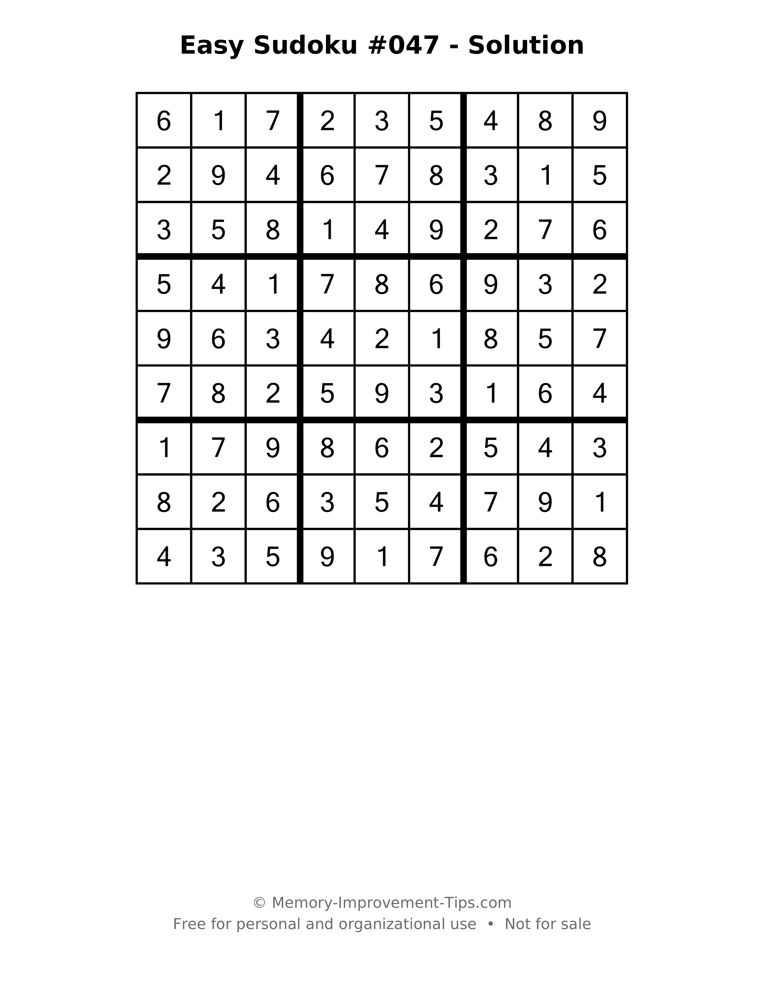 Printable solution: Easy Sudoku #047 - Solution