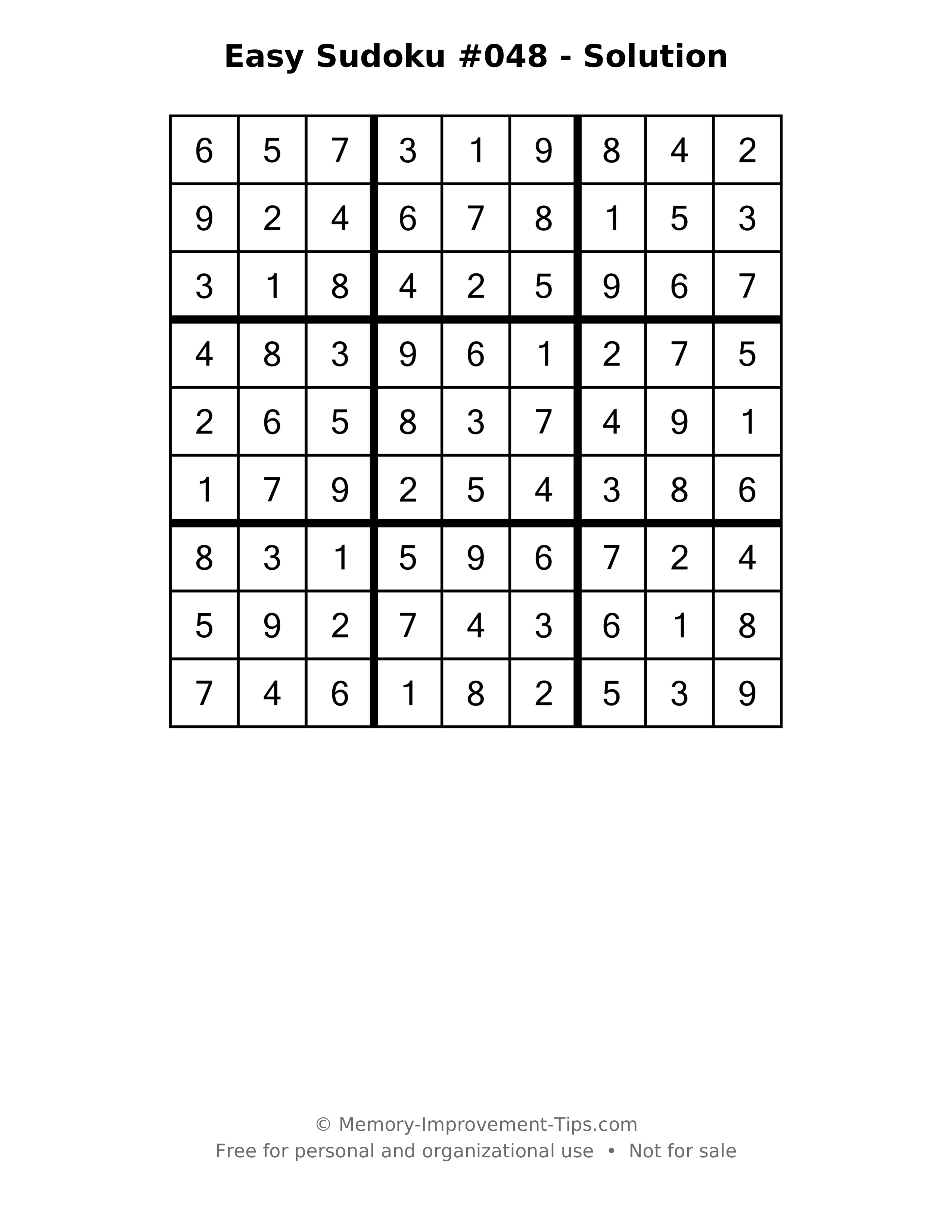 Printable solution: Easy Sudoku #048 - Solution