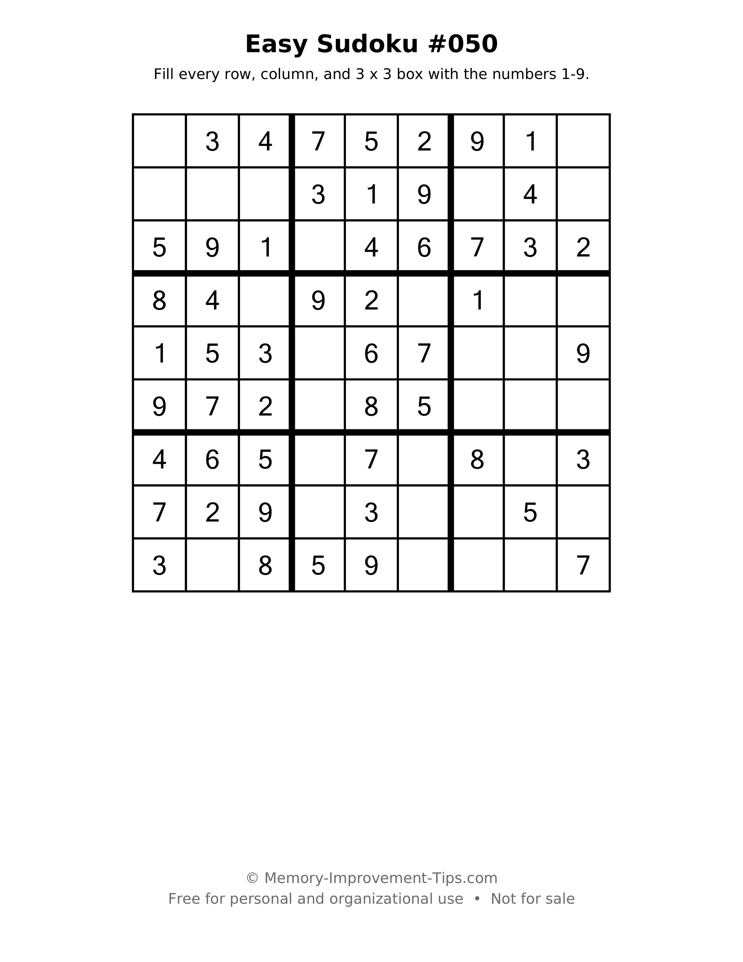 Printable puzzle: Easy Sudoku #050