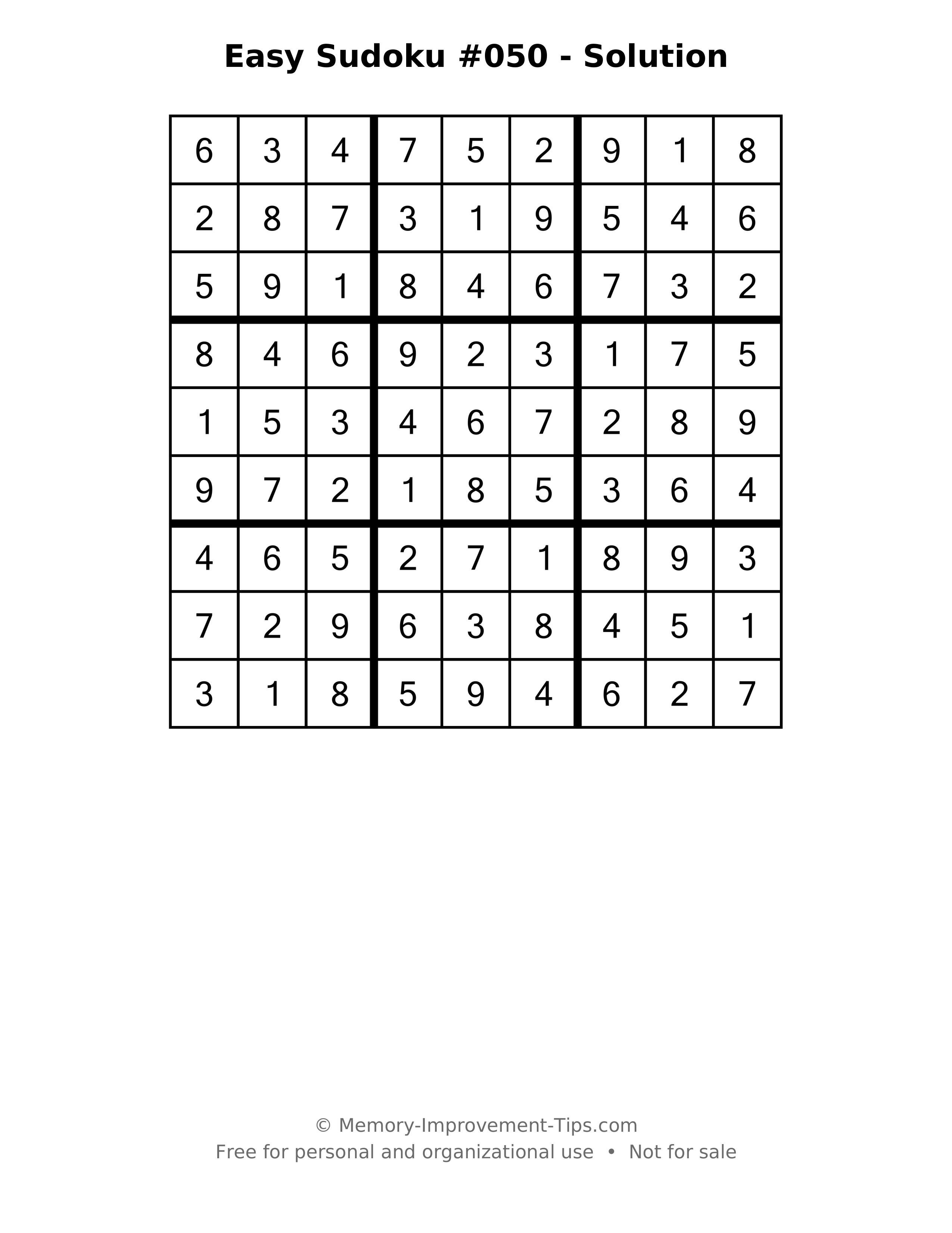 Printable solution: Easy Sudoku #050 - Solution