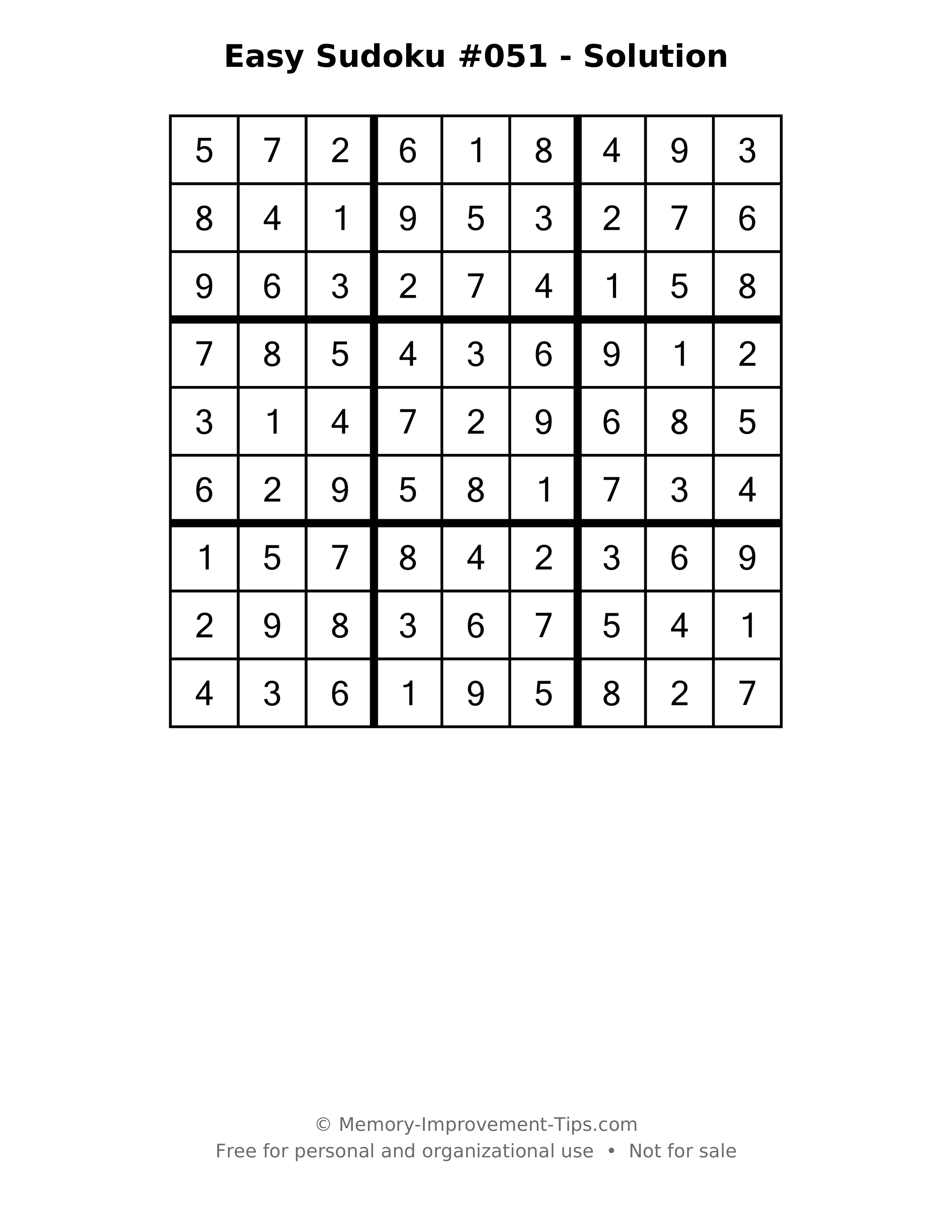 Printable solution: Easy Sudoku #051 - Solution