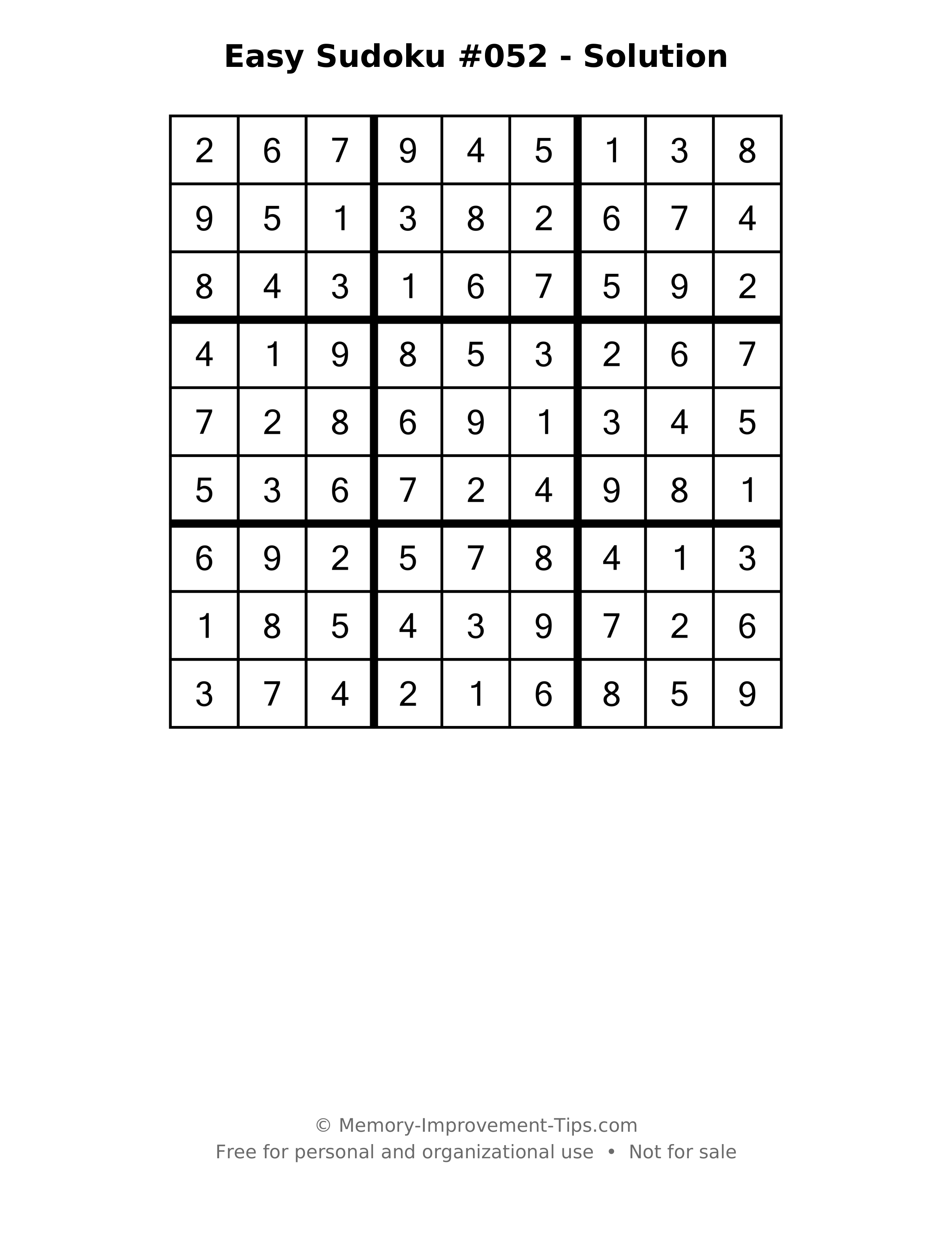 Printable solution: Easy Sudoku #052 - Solution