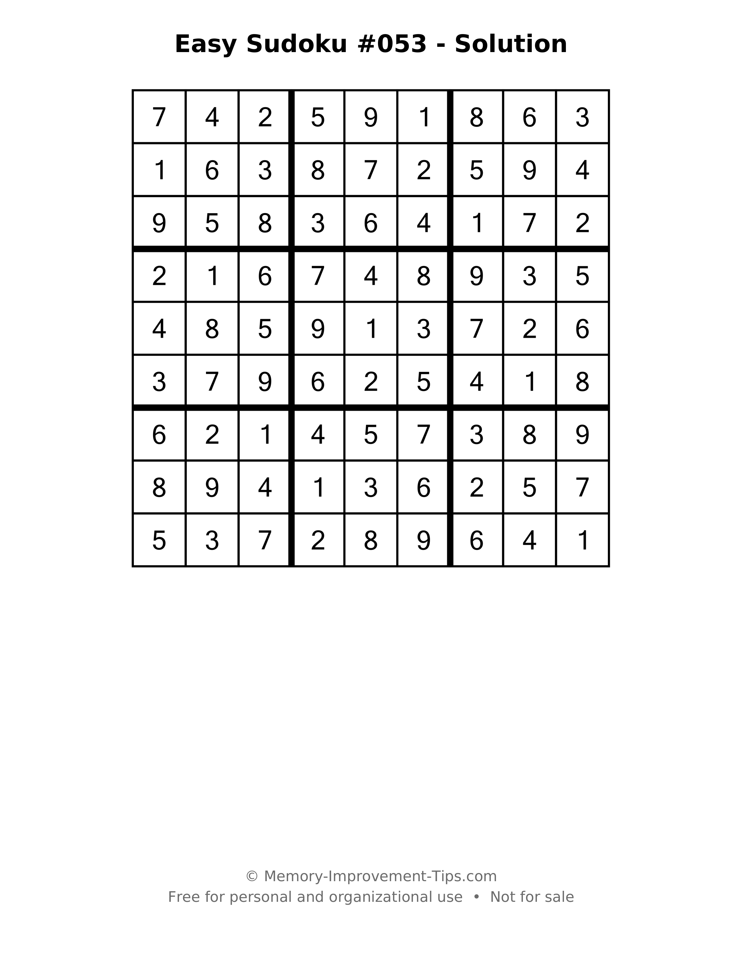 Printable solution: Easy Sudoku #053 - Solution