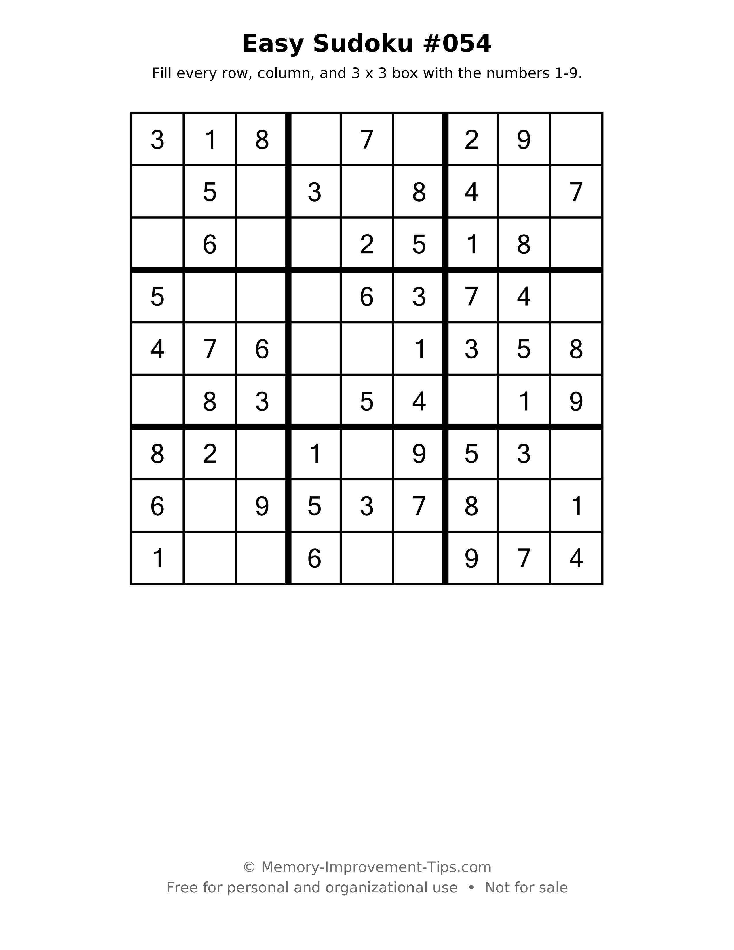 Printable puzzle: Easy Sudoku #054