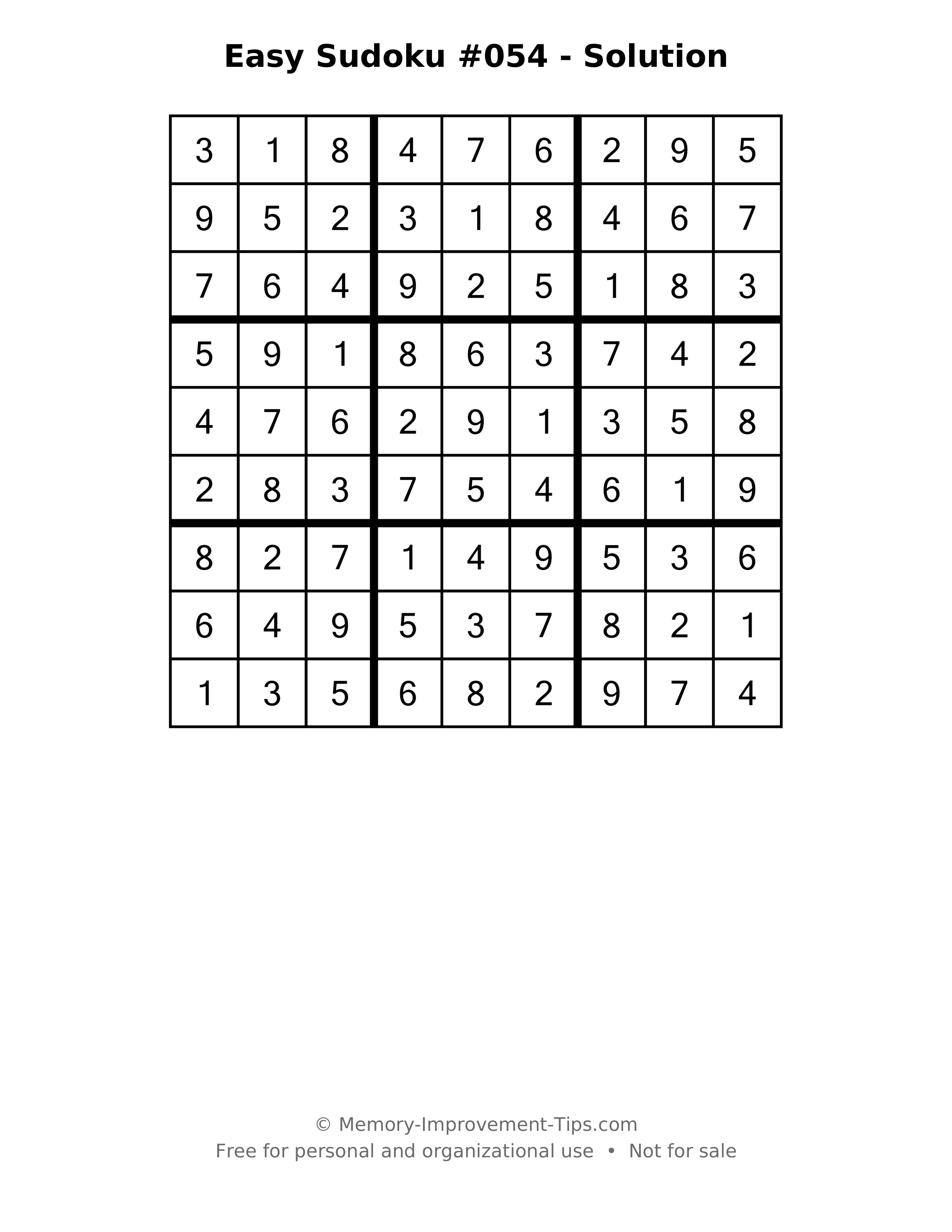 Printable solution: Easy Sudoku #054 - Solution