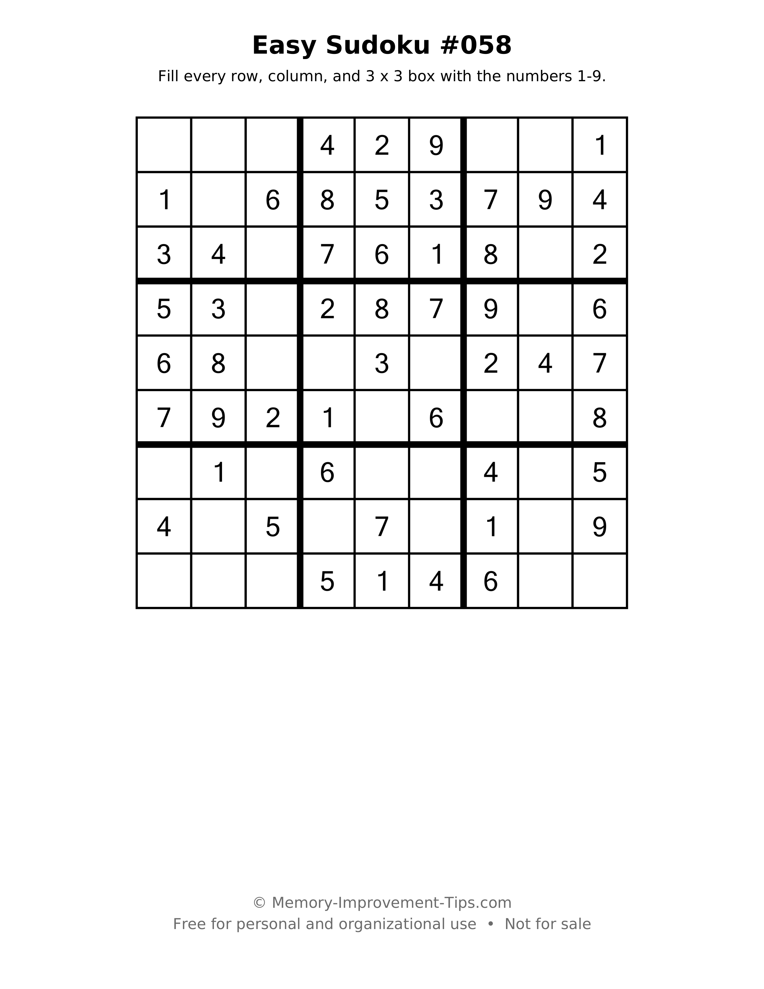 Printable puzzle: Easy Sudoku #058