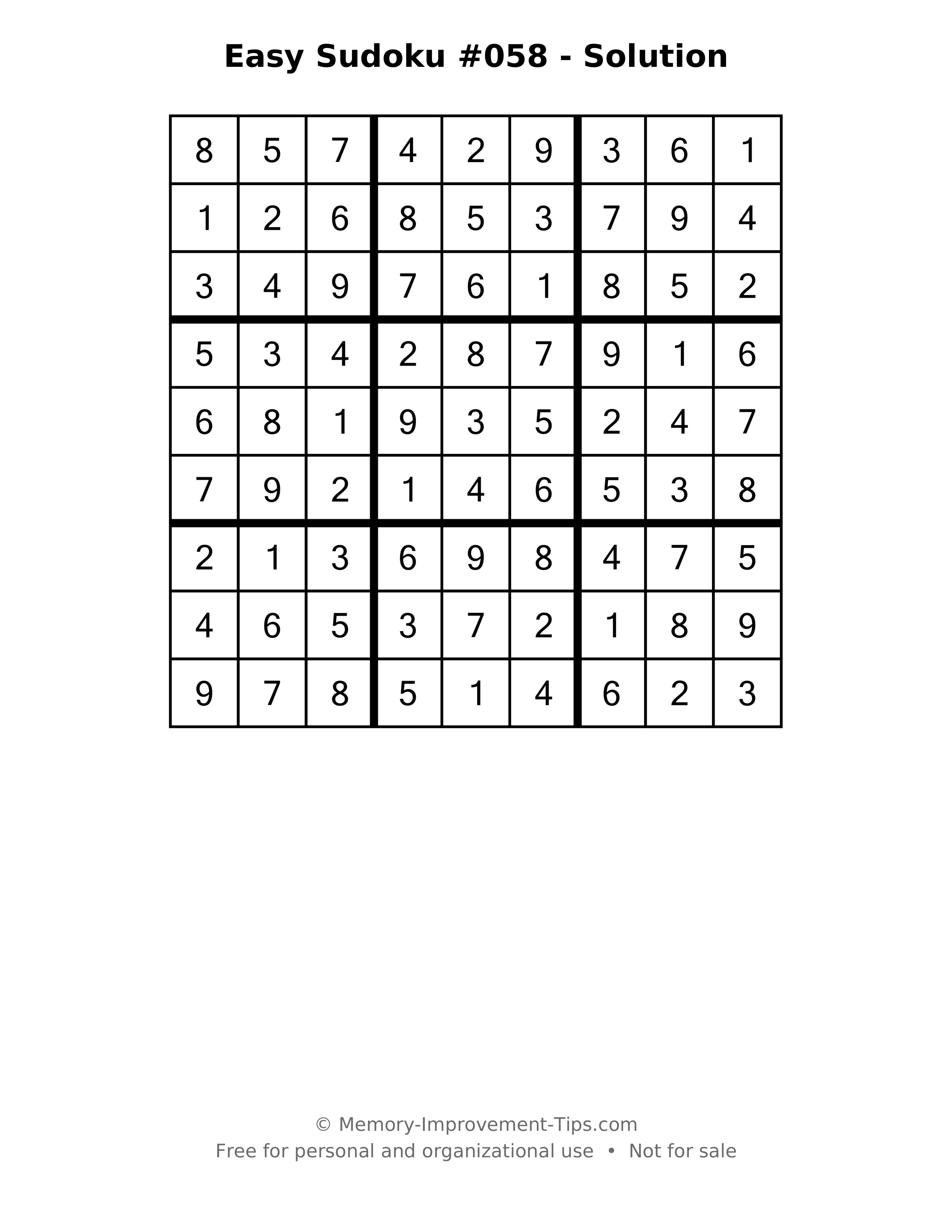 Printable solution: Easy Sudoku #058 - Solution