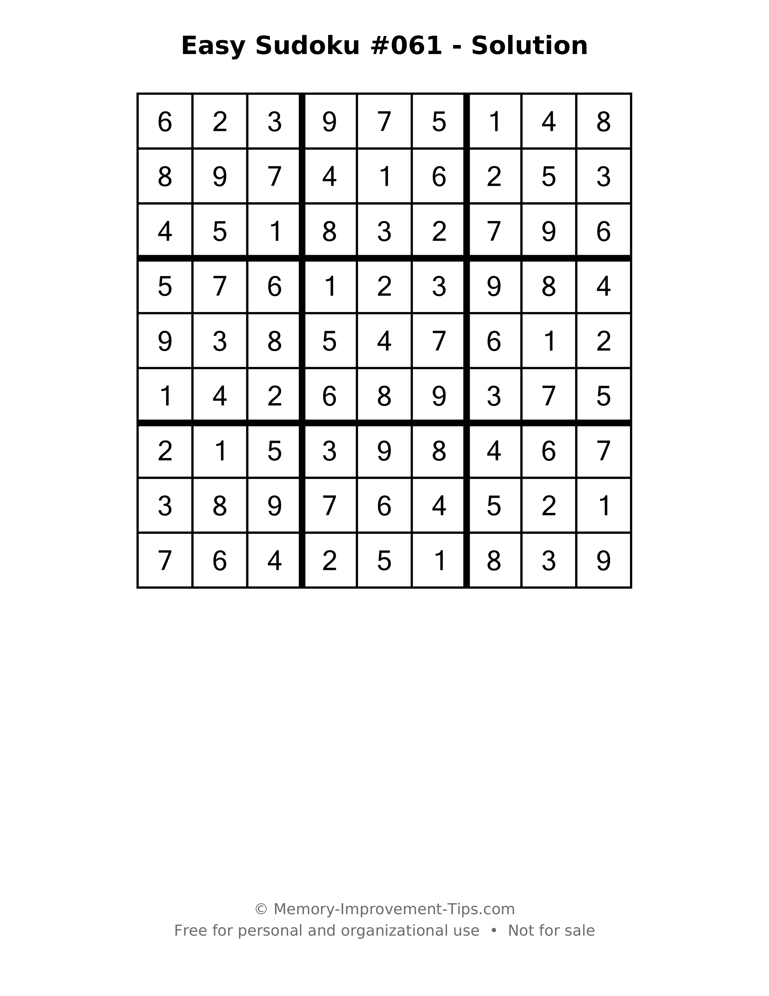 Printable solution: Easy Sudoku #061 - Solution