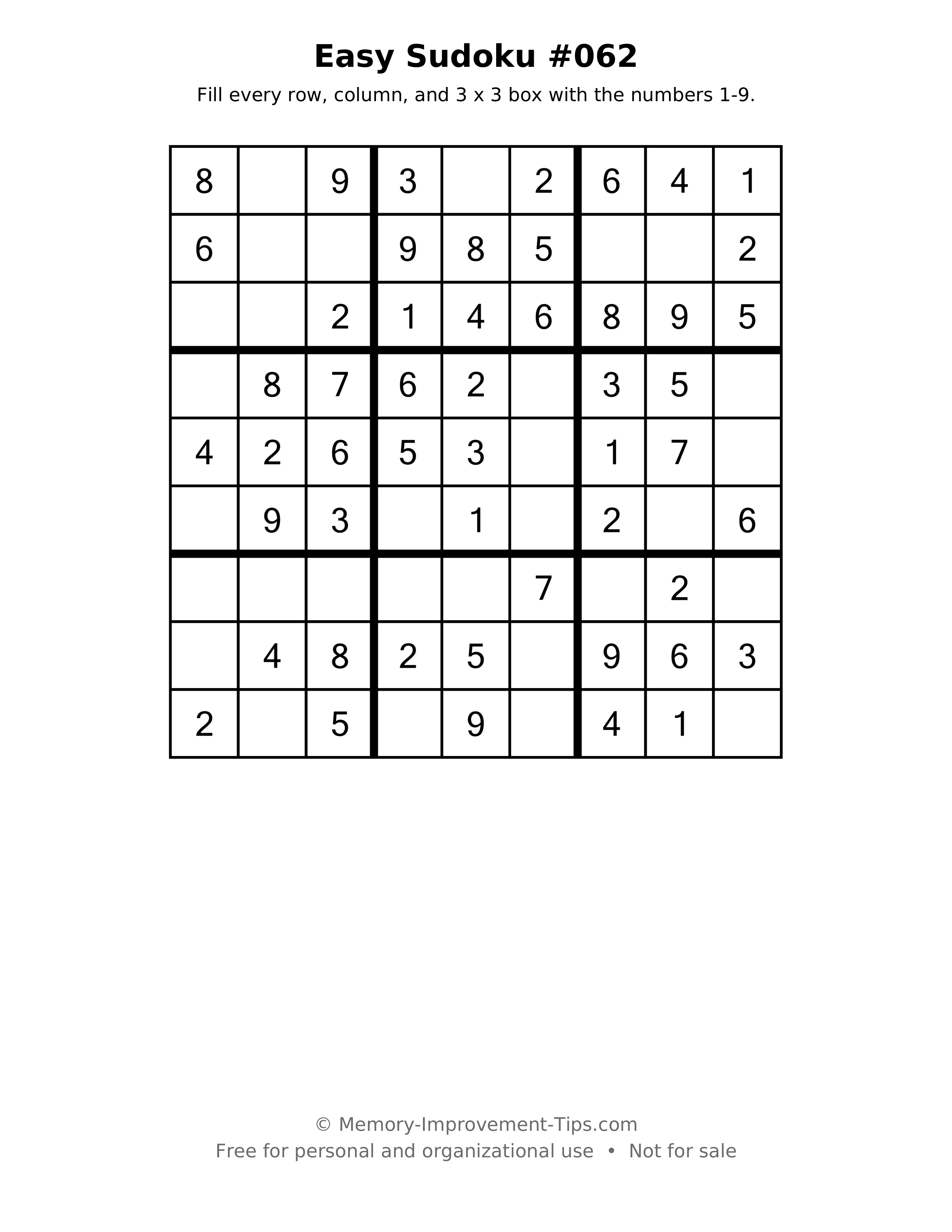 Printable puzzle: Easy Sudoku #062