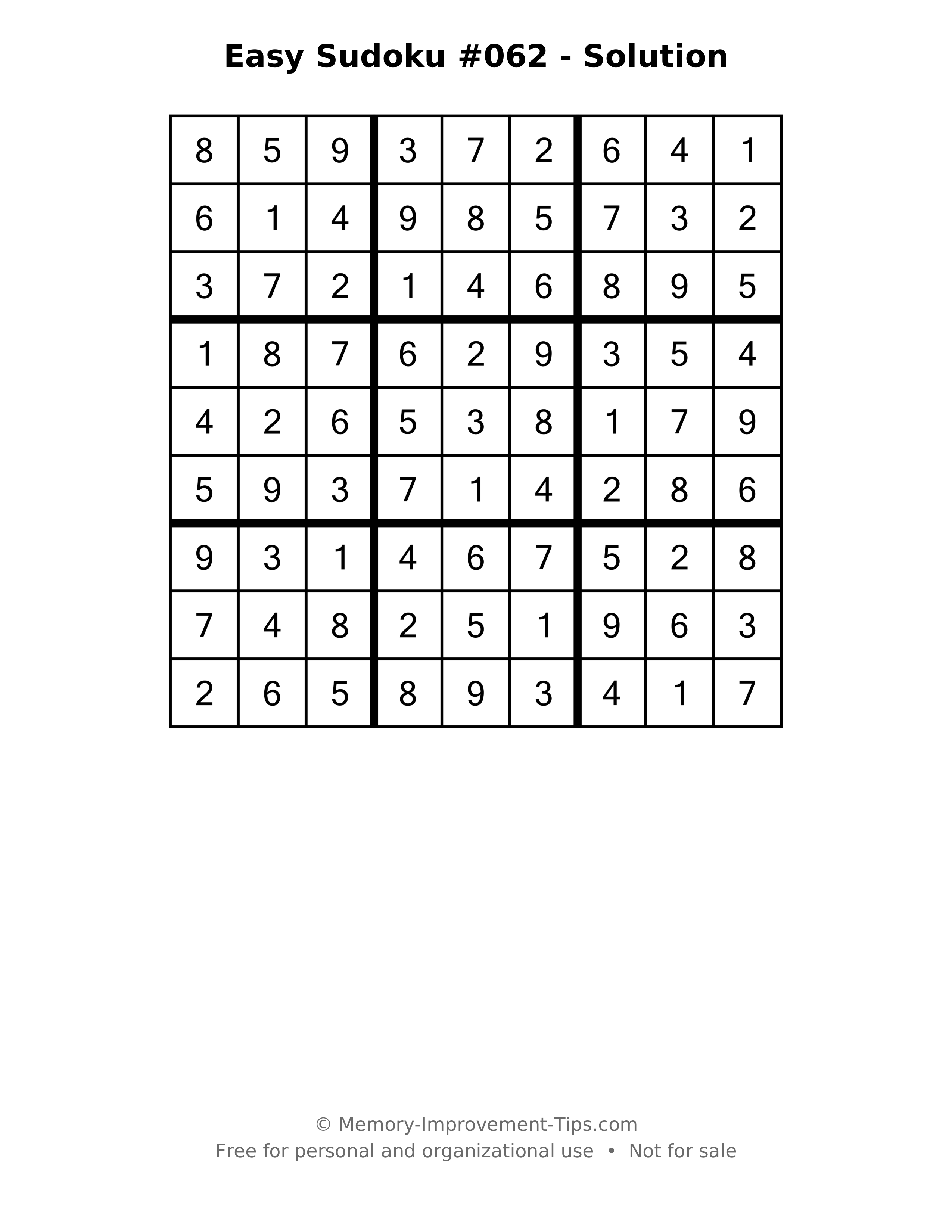 Printable solution: Easy Sudoku #062 - Solution