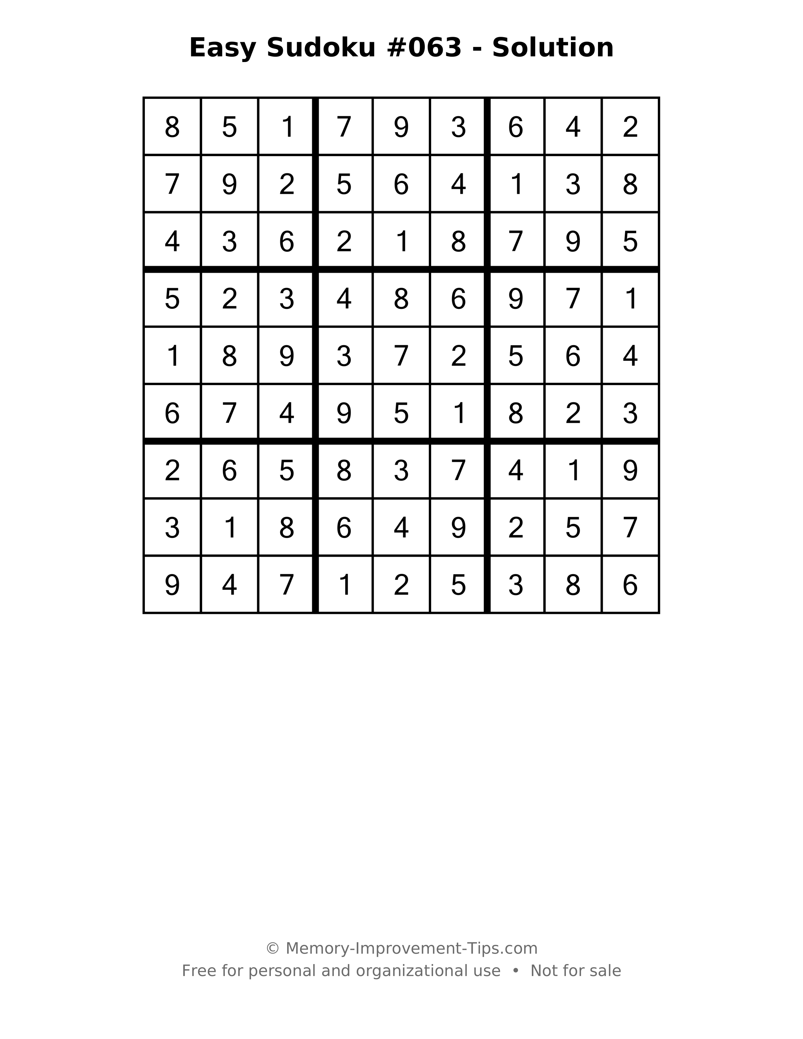 Printable solution: Easy Sudoku #063 - Solution