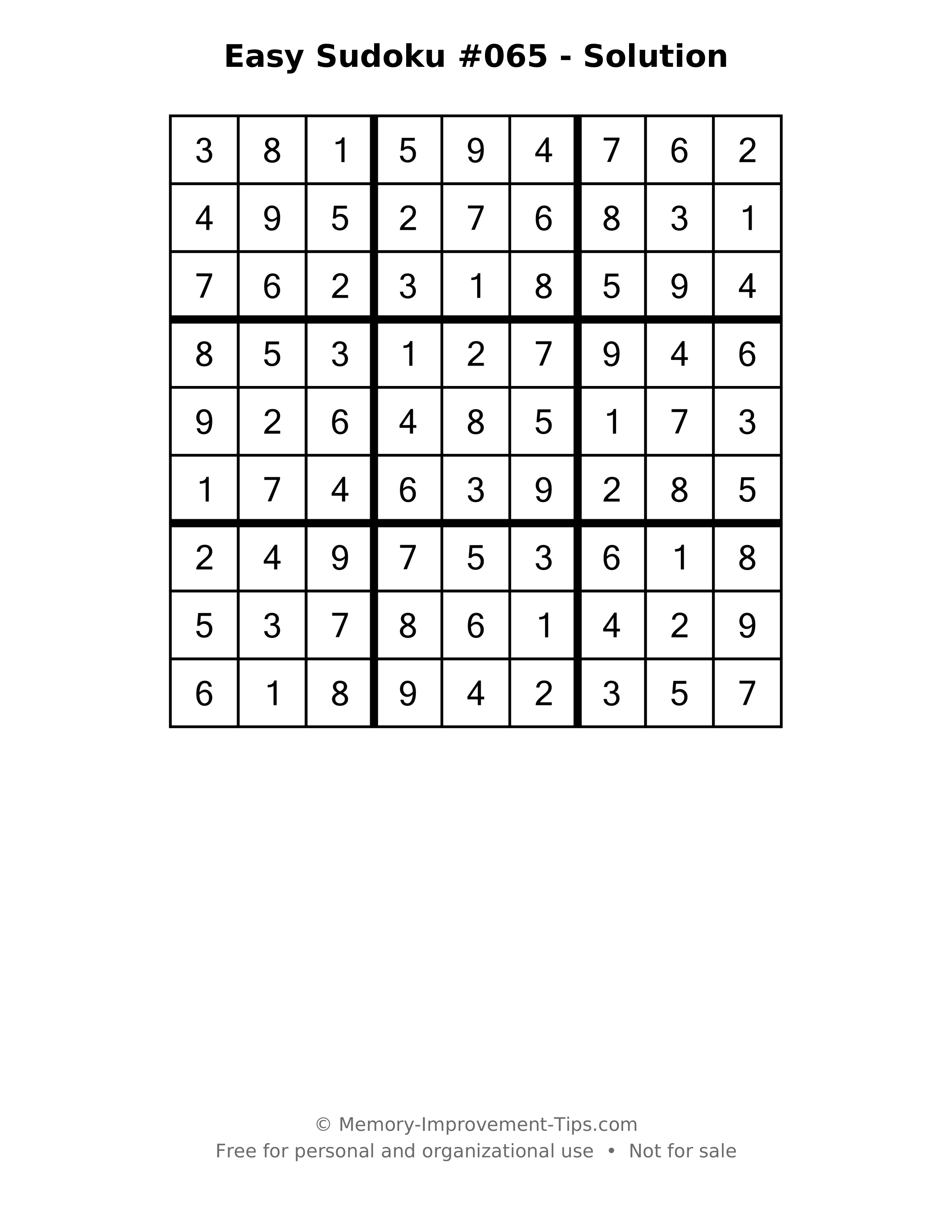 Printable solution: Easy Sudoku #065 - Solution