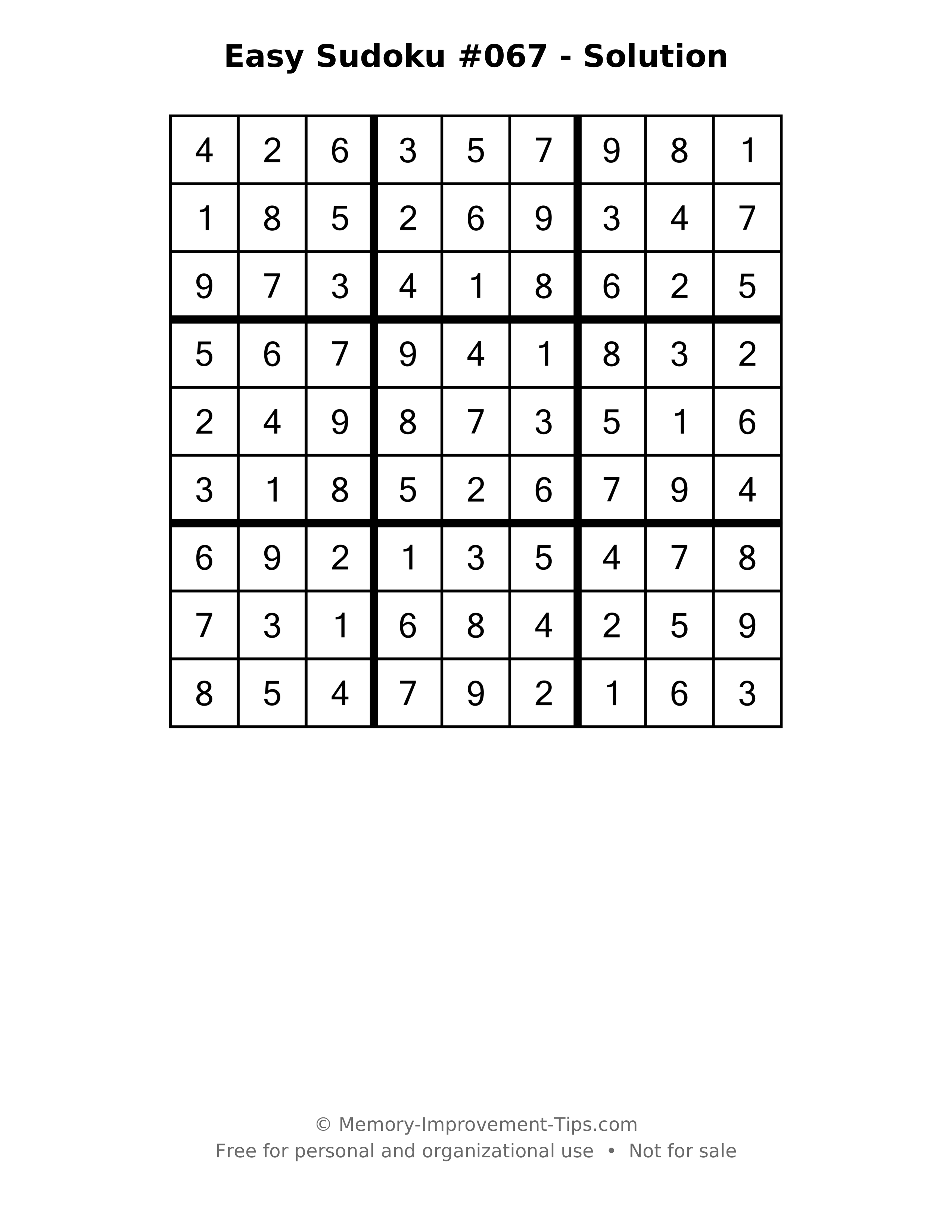 Printable solution: Easy Sudoku #067 - Solution
