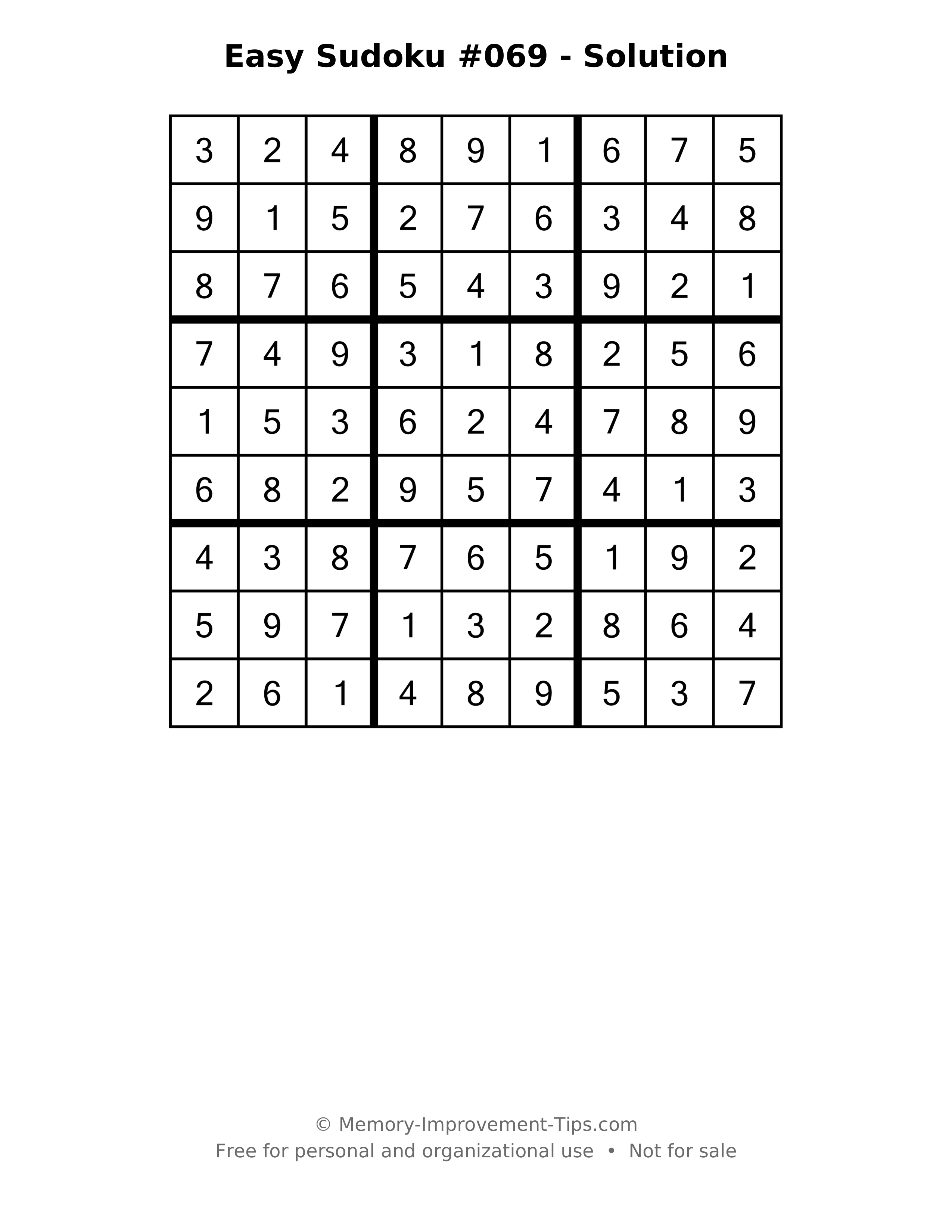 Printable solution: Easy Sudoku #069 - Solution