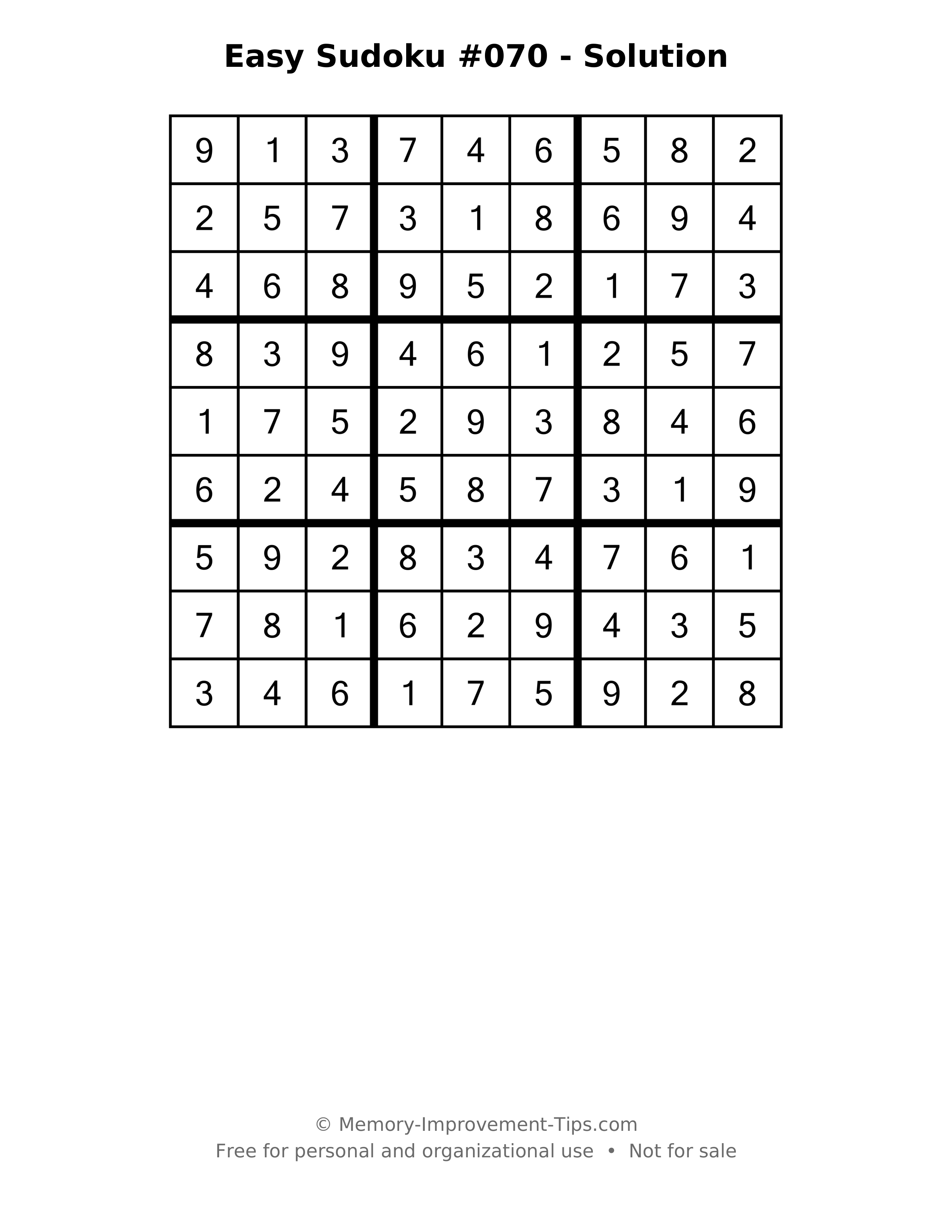 Printable solution: Easy Sudoku #070 - Solution