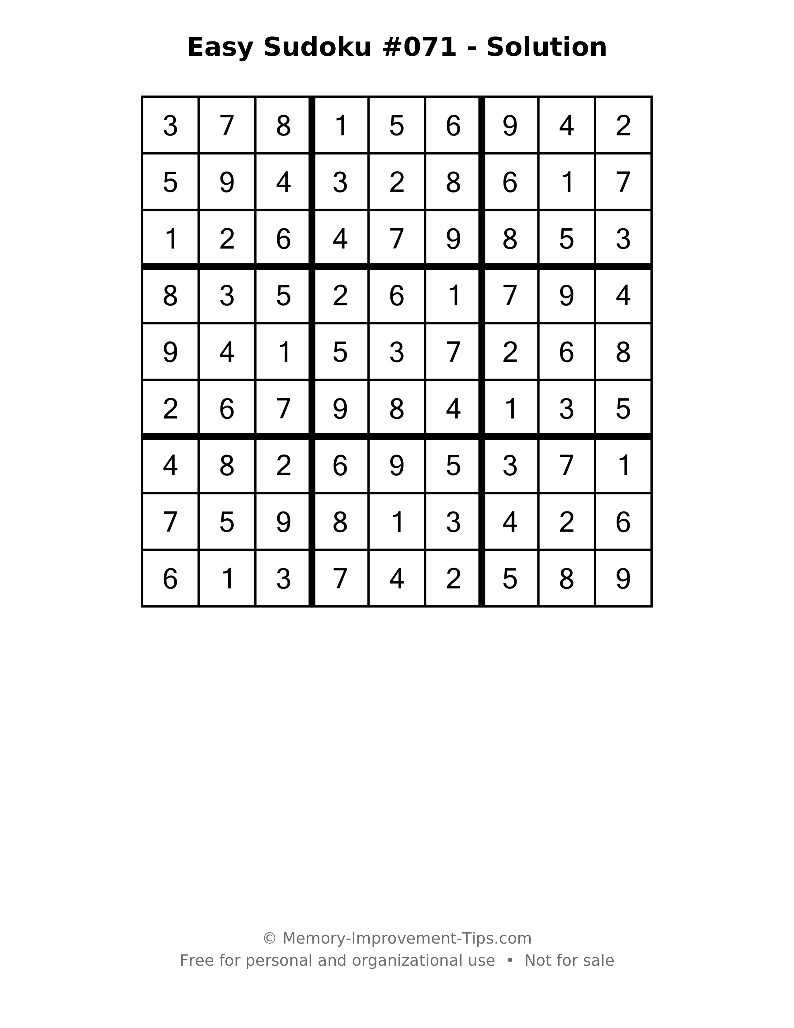 Printable solution: Easy Sudoku #071 - Solution
