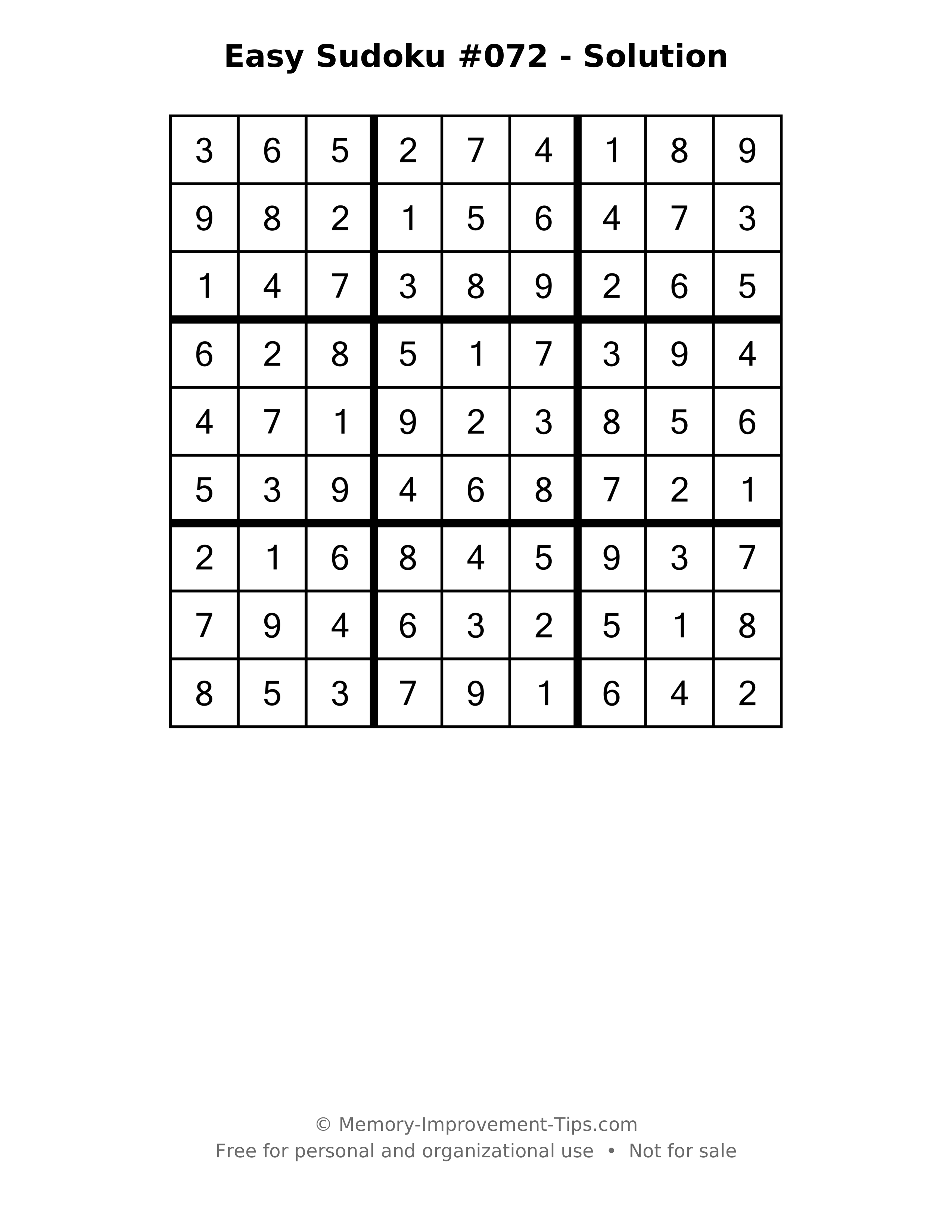 Printable solution: Easy Sudoku #072 - Solution