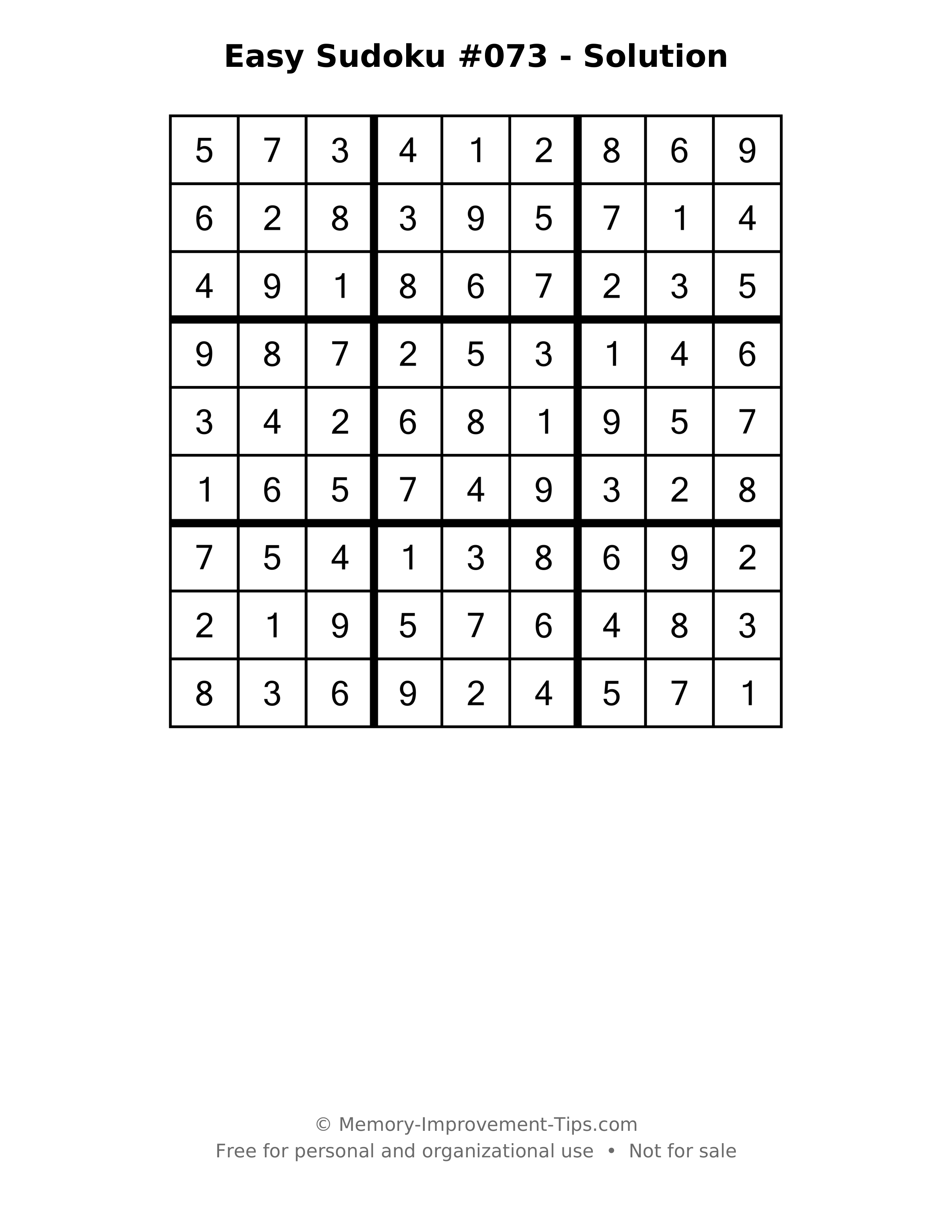 Printable solution: Easy Sudoku #073 - Solution