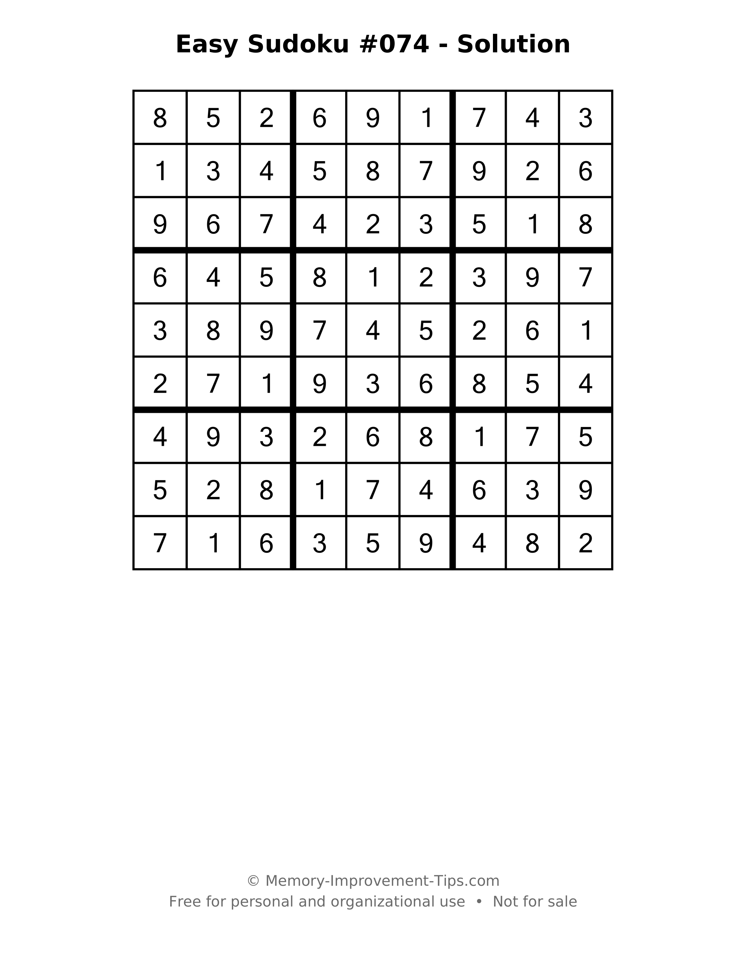 Printable solution: Easy Sudoku #074 - Solution