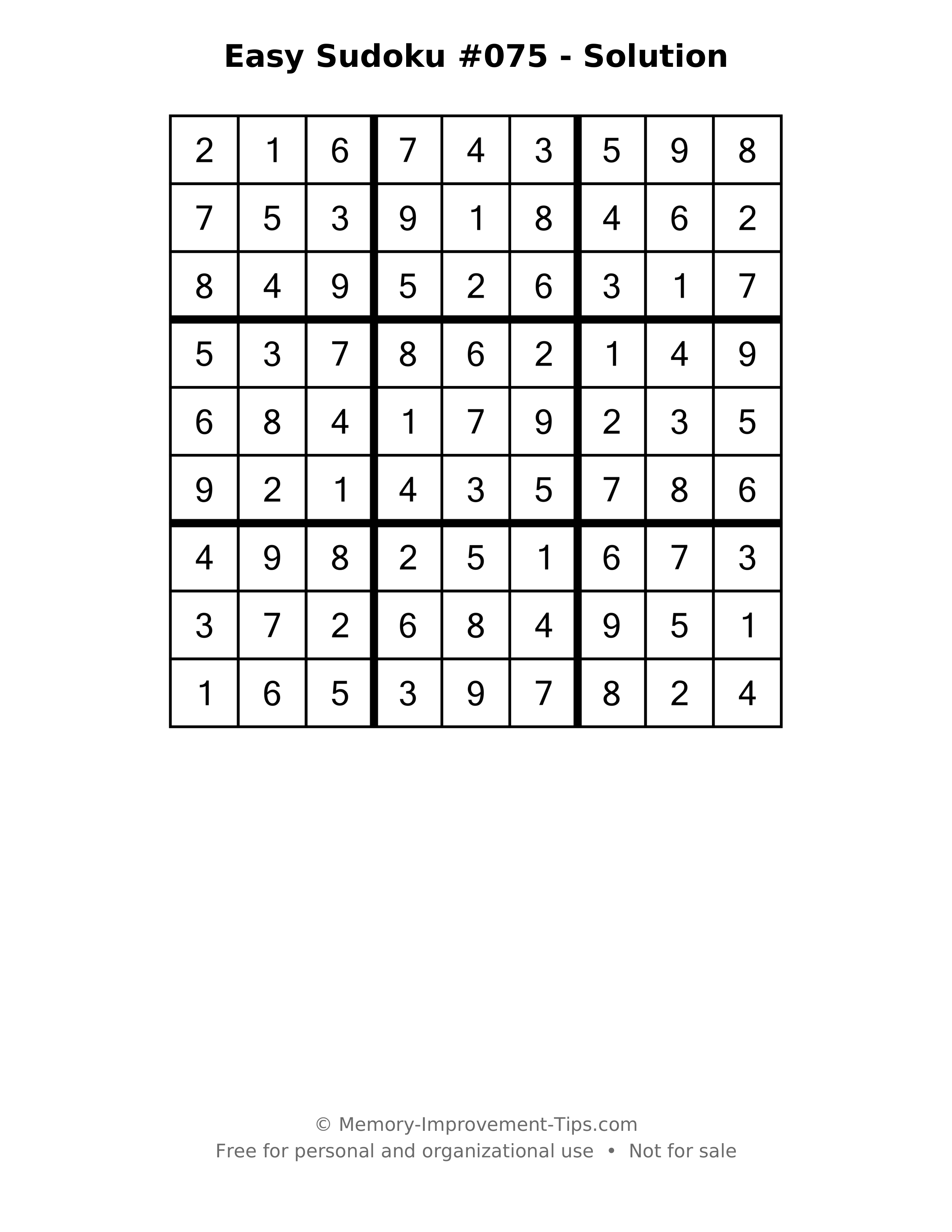 Printable solution: Easy Sudoku #075 - Solution