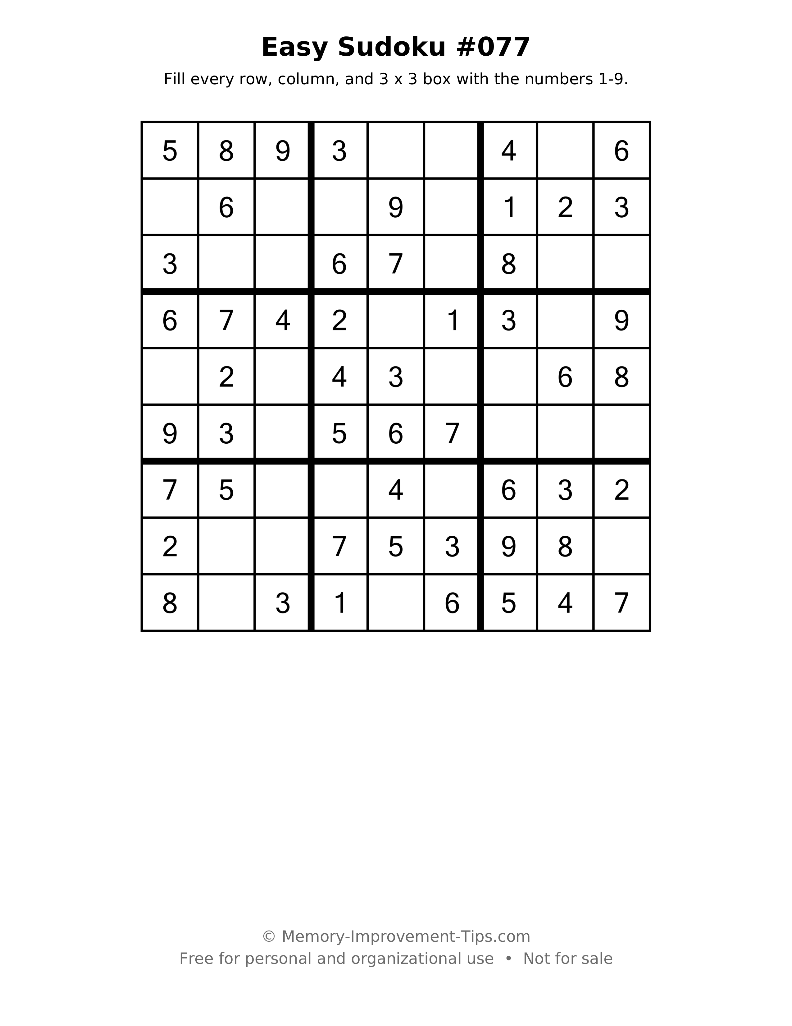 Printable puzzle: Easy Sudoku #077