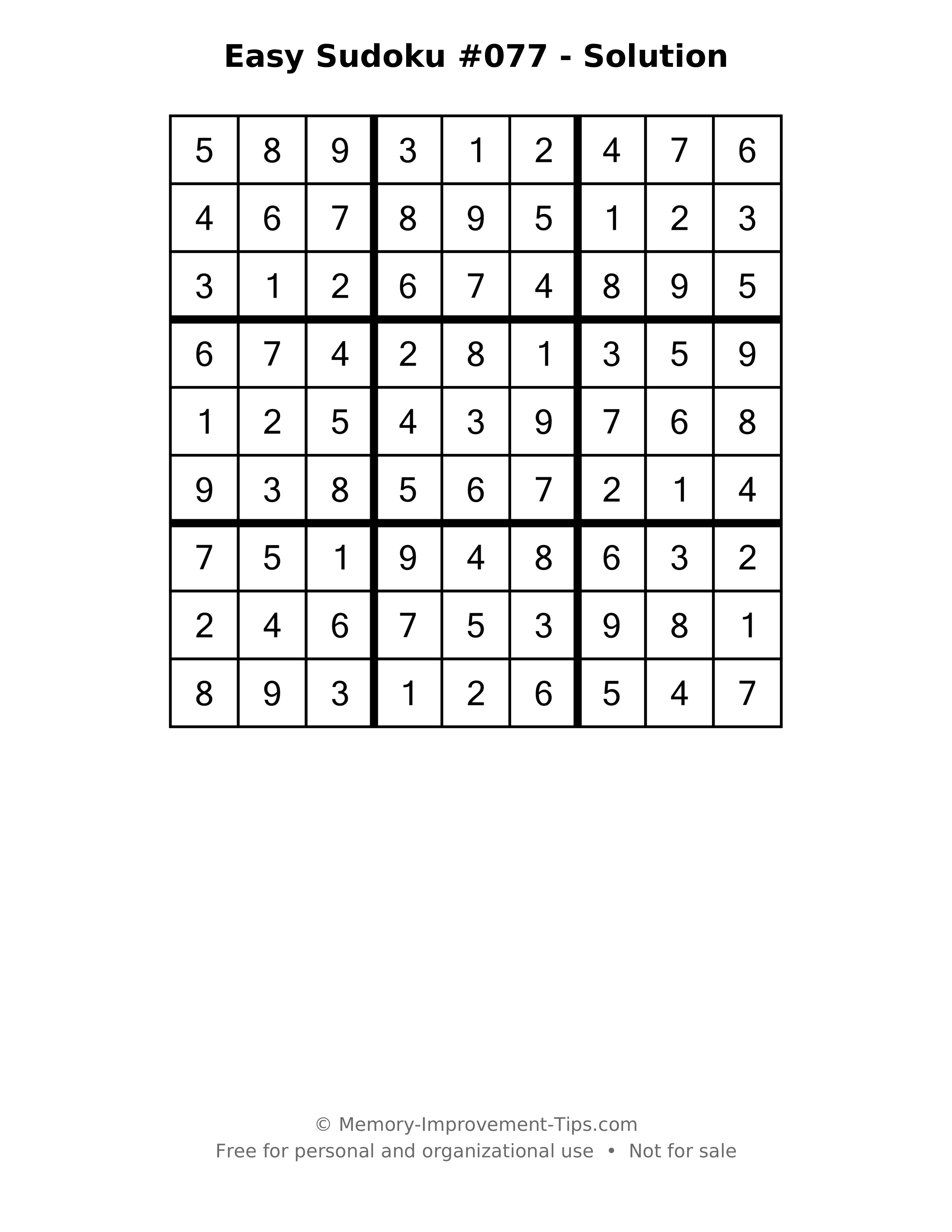 Printable solution: Easy Sudoku #077 - Solution