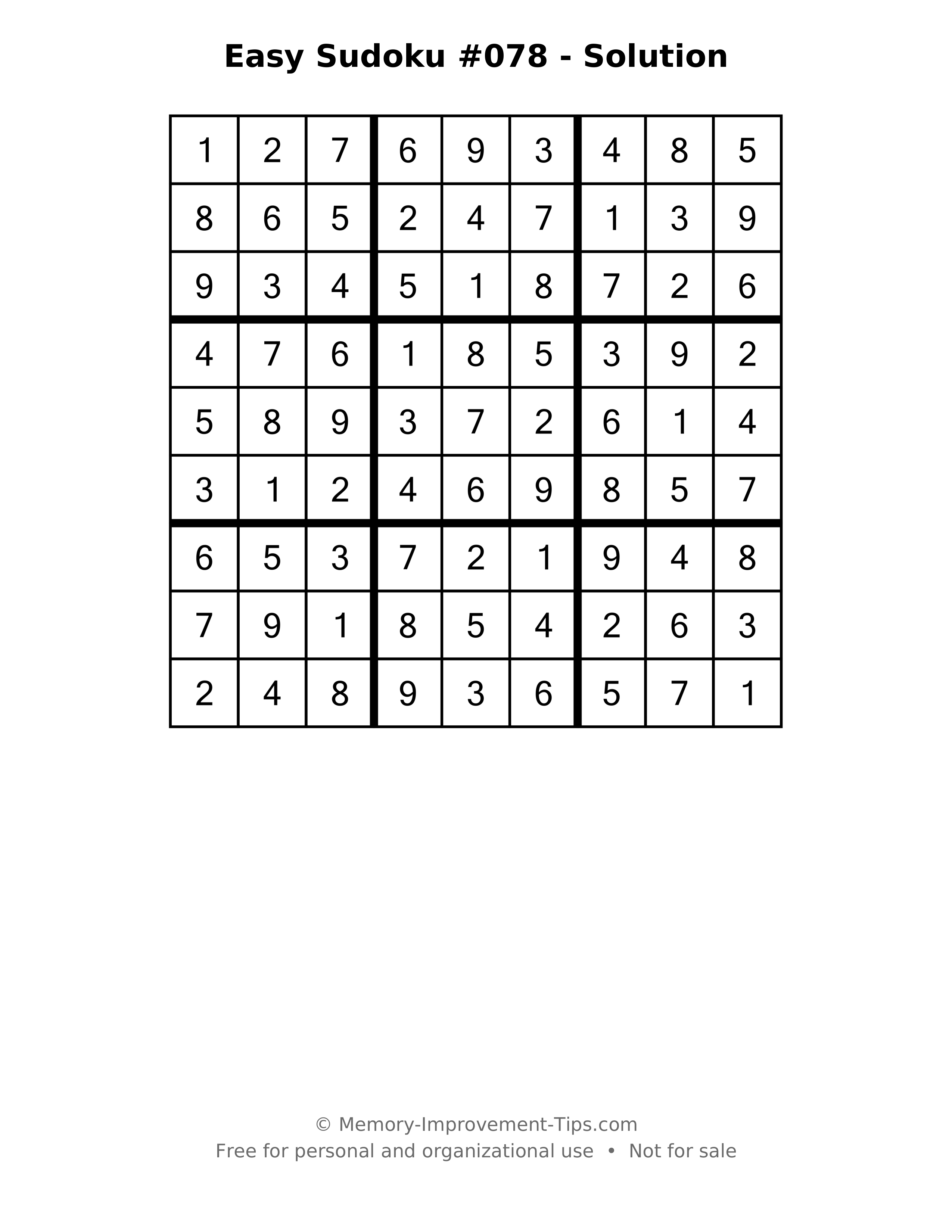 Printable solution: Easy Sudoku #078 - Solution