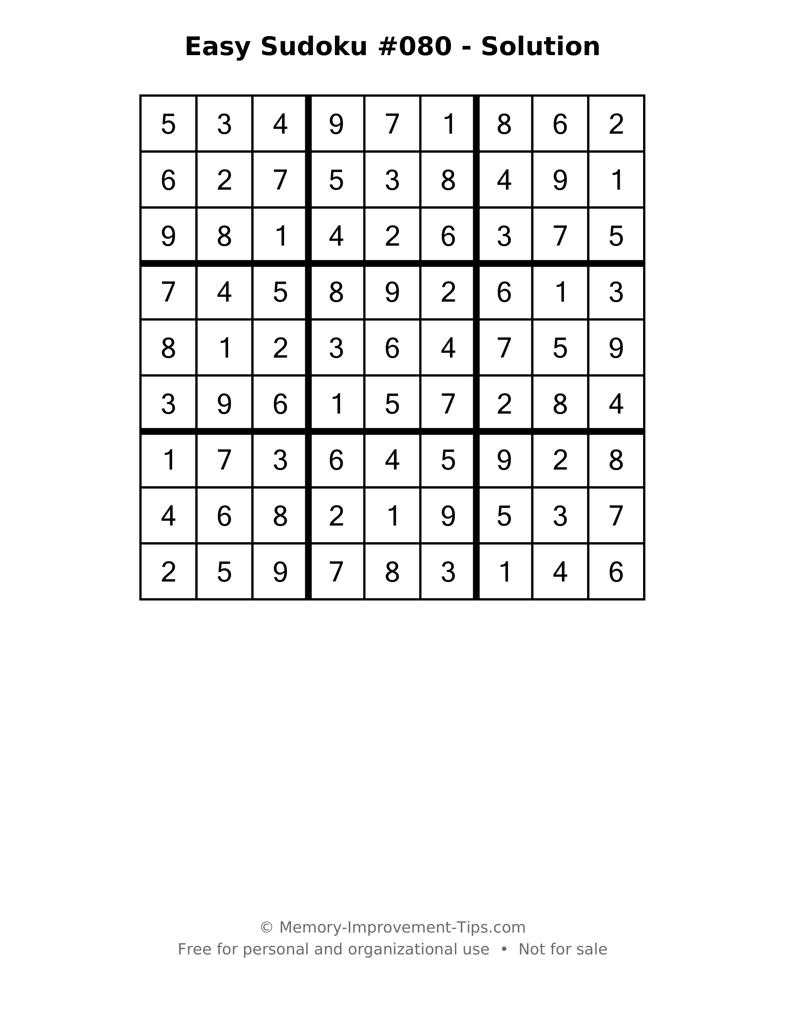 Printable solution: Easy Sudoku #080 - Solution