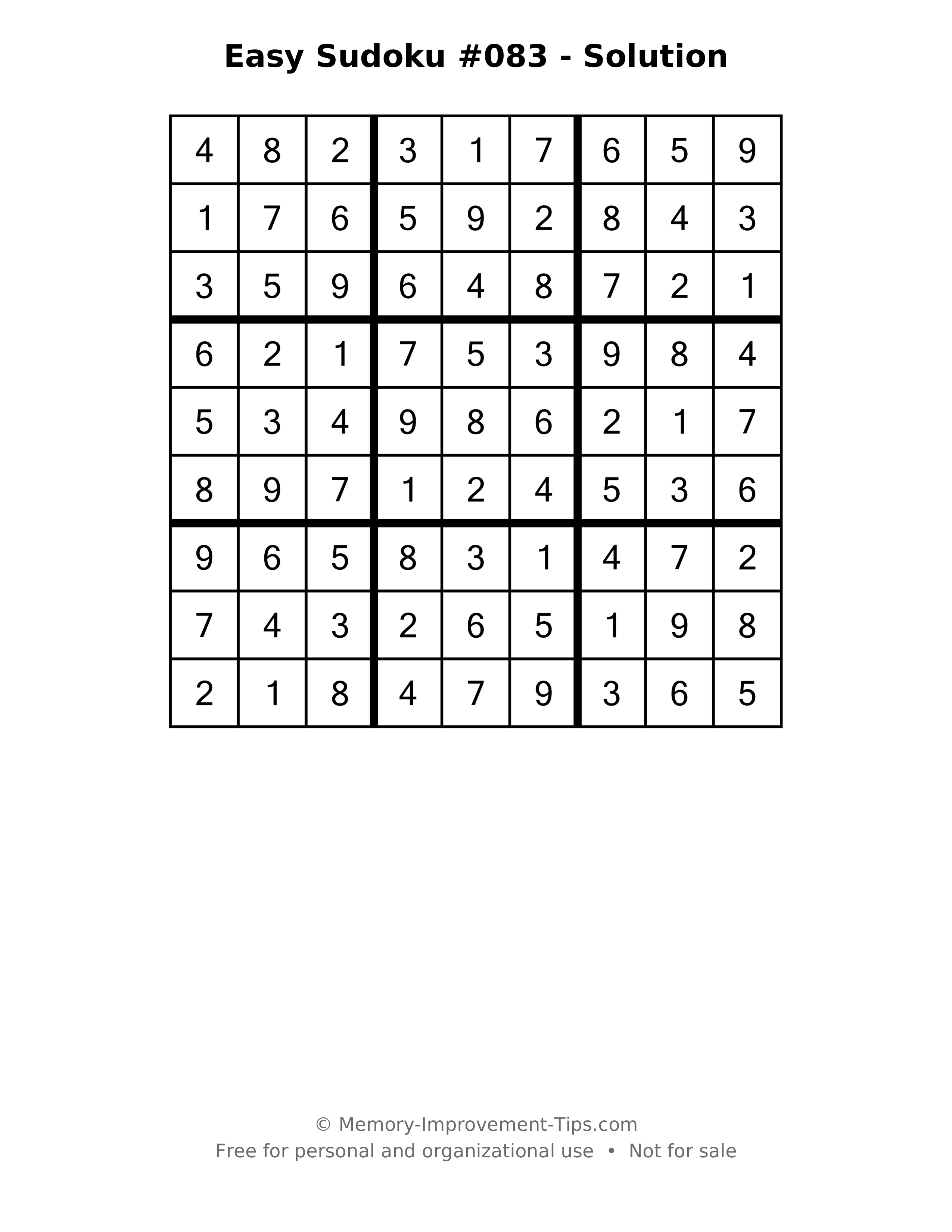 Printable solution: Easy Sudoku #083 - Solution