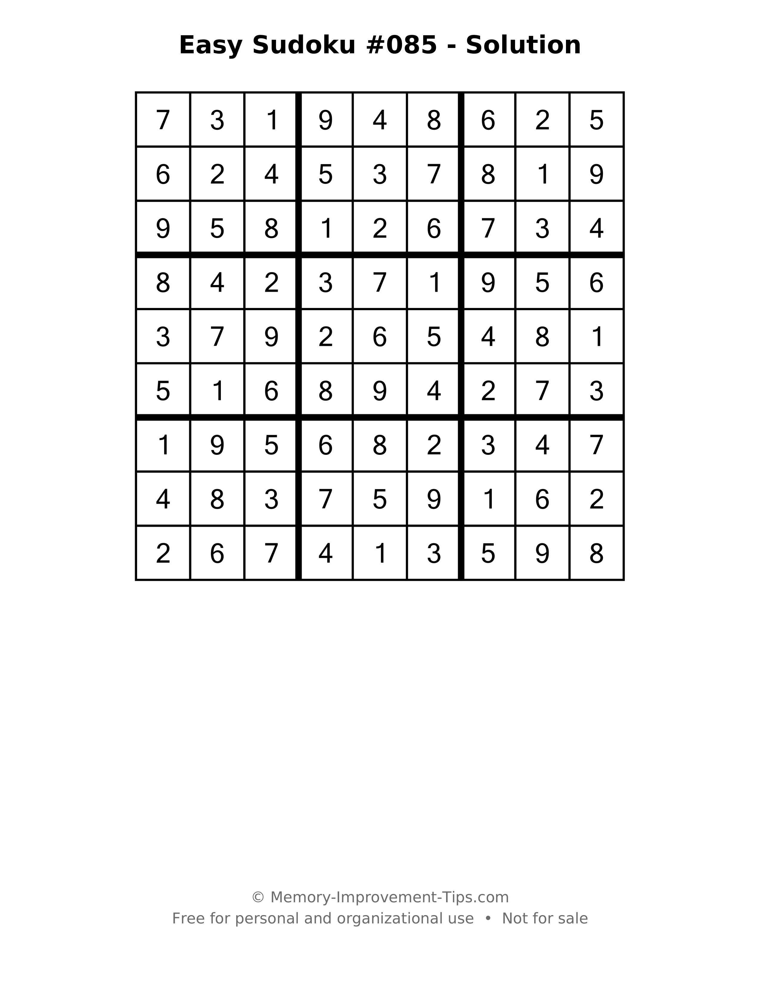 Printable solution: Easy Sudoku #085 - Solution