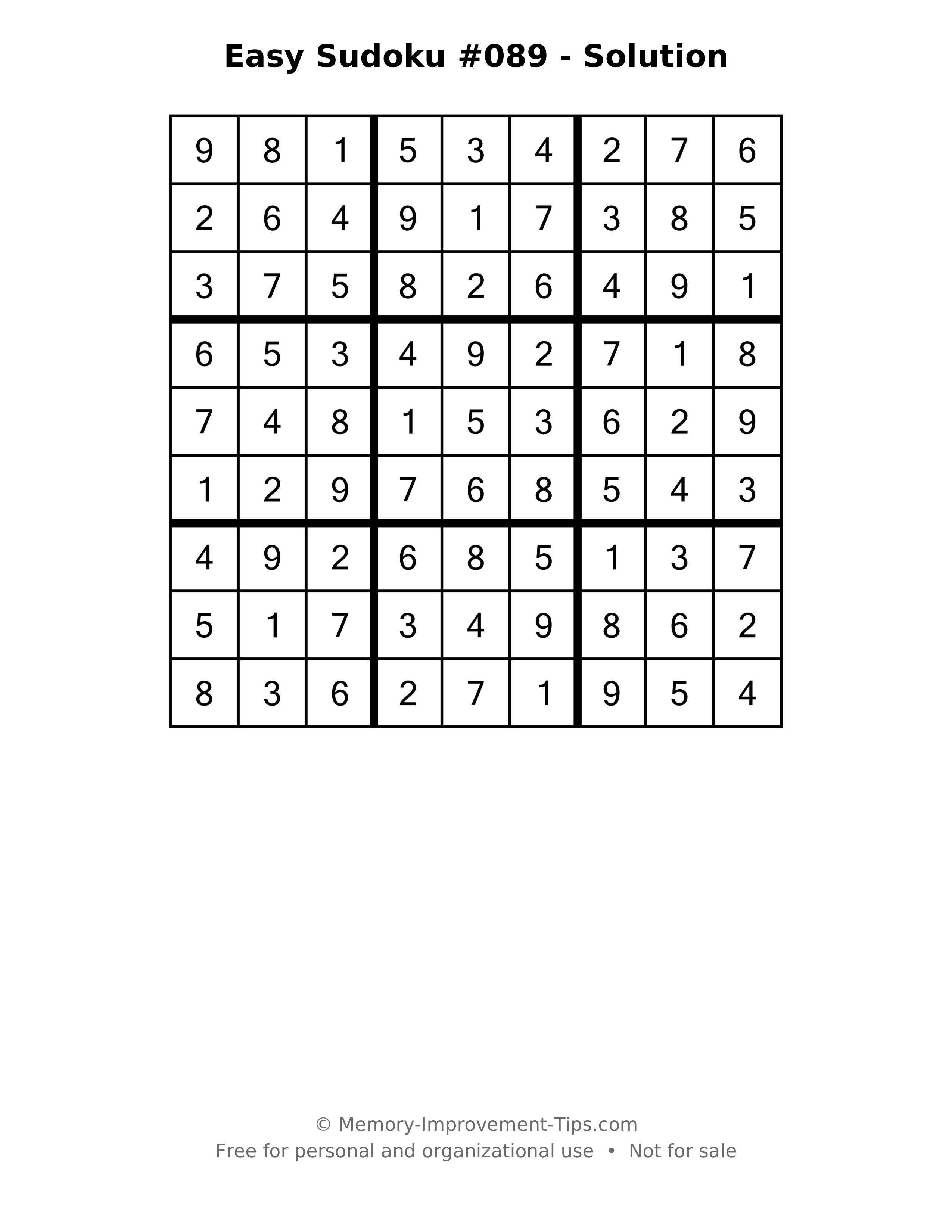 Printable solution: Easy Sudoku #089 - Solution