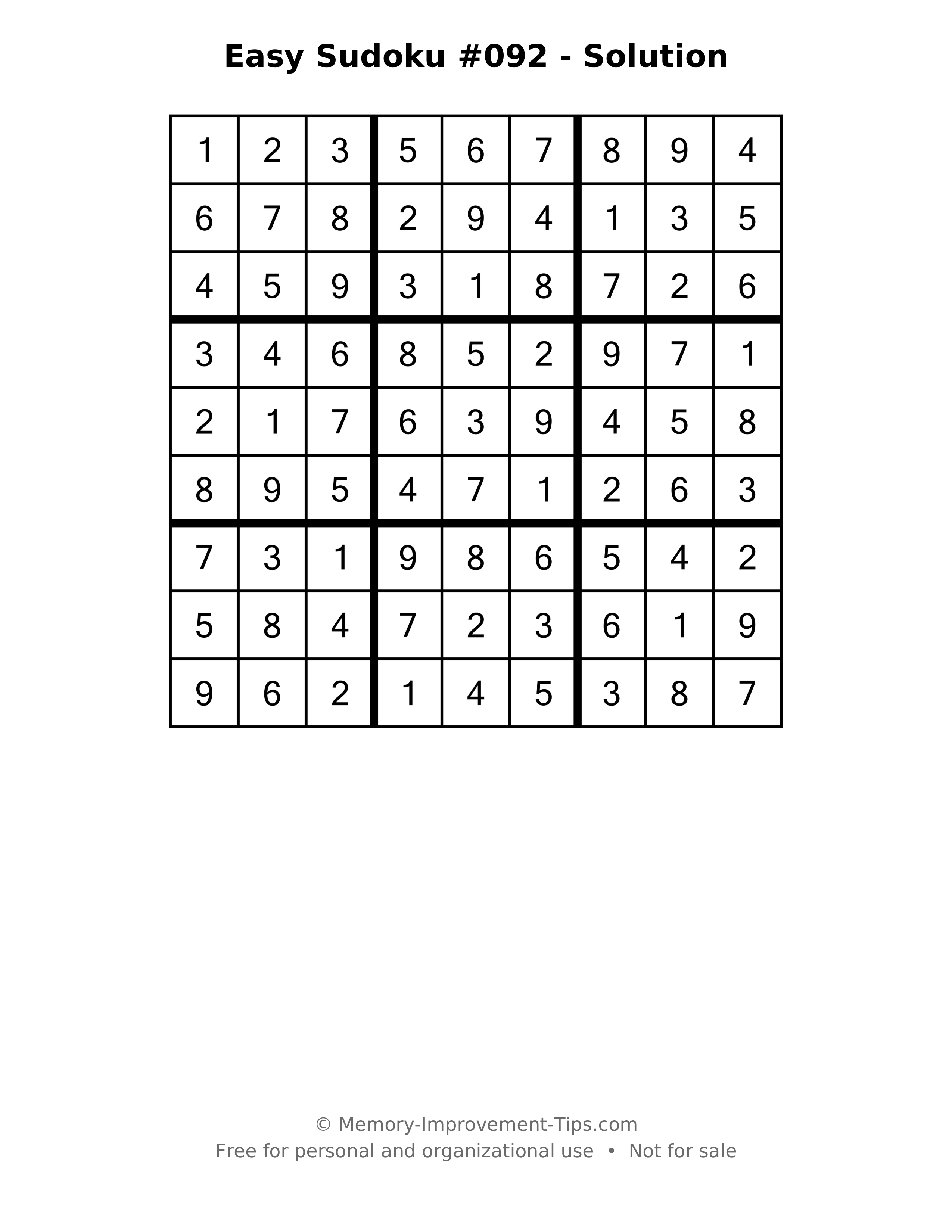 Printable solution: Easy Sudoku #092 - Solution