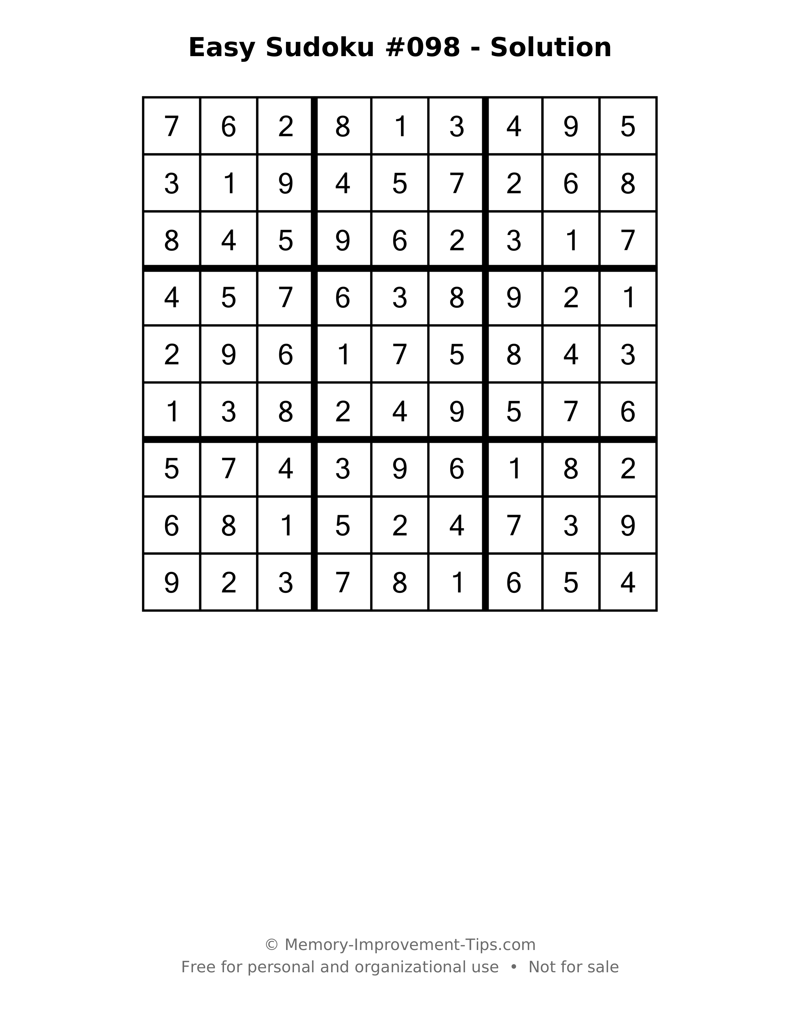 Printable solution: Easy Sudoku #098 - Solution